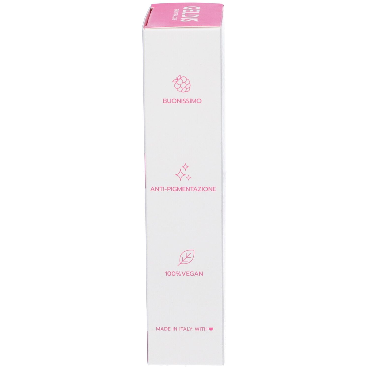 Lato della scatola. Testo: Buonissimo, Anti-pigmentazione, 100% vegano, Made in Italy. Rosa e bianco.