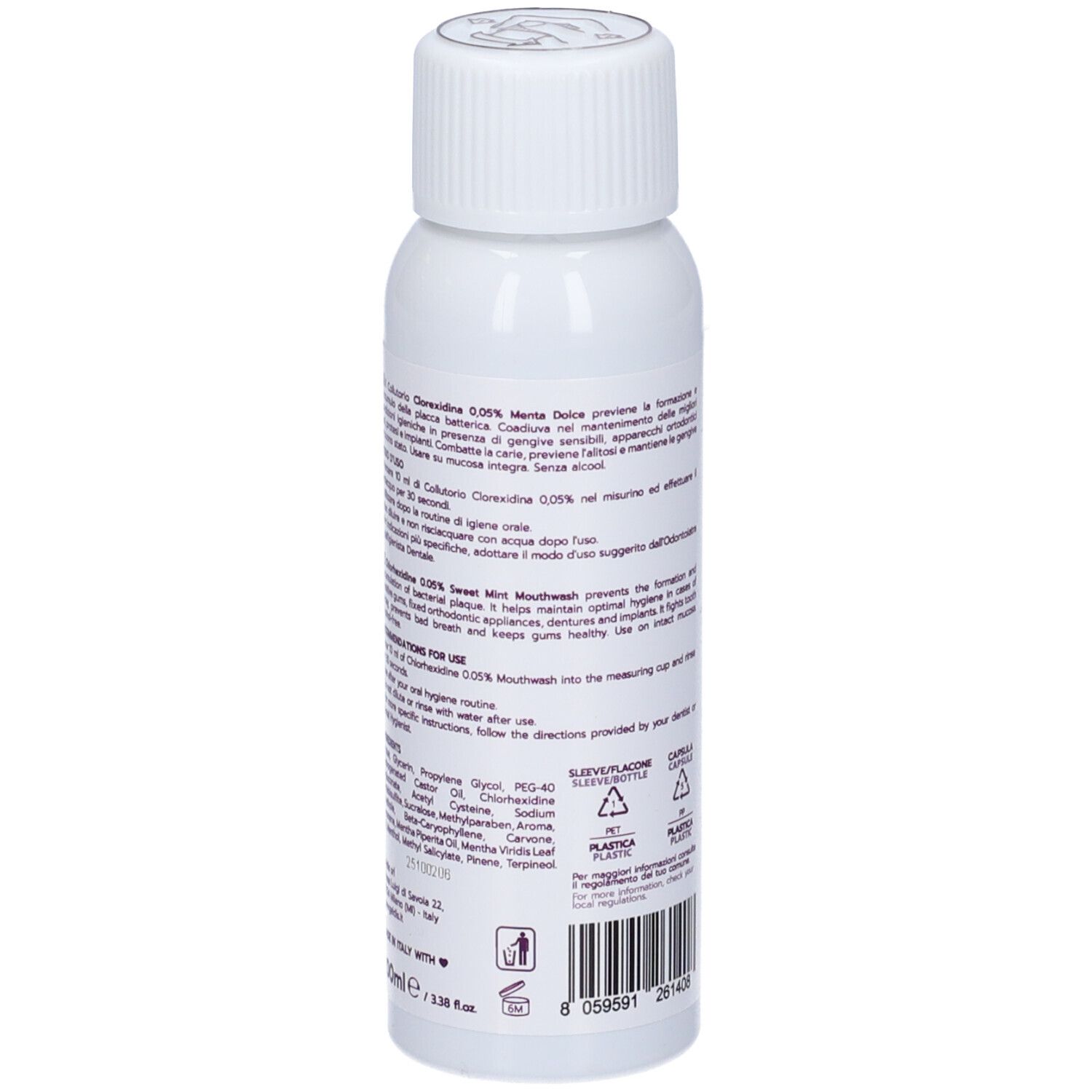 Flacone bianco, vista posteriore. Testo: Ingredienti, istruzioni per l'uso. Etichetta con testo in italiano.