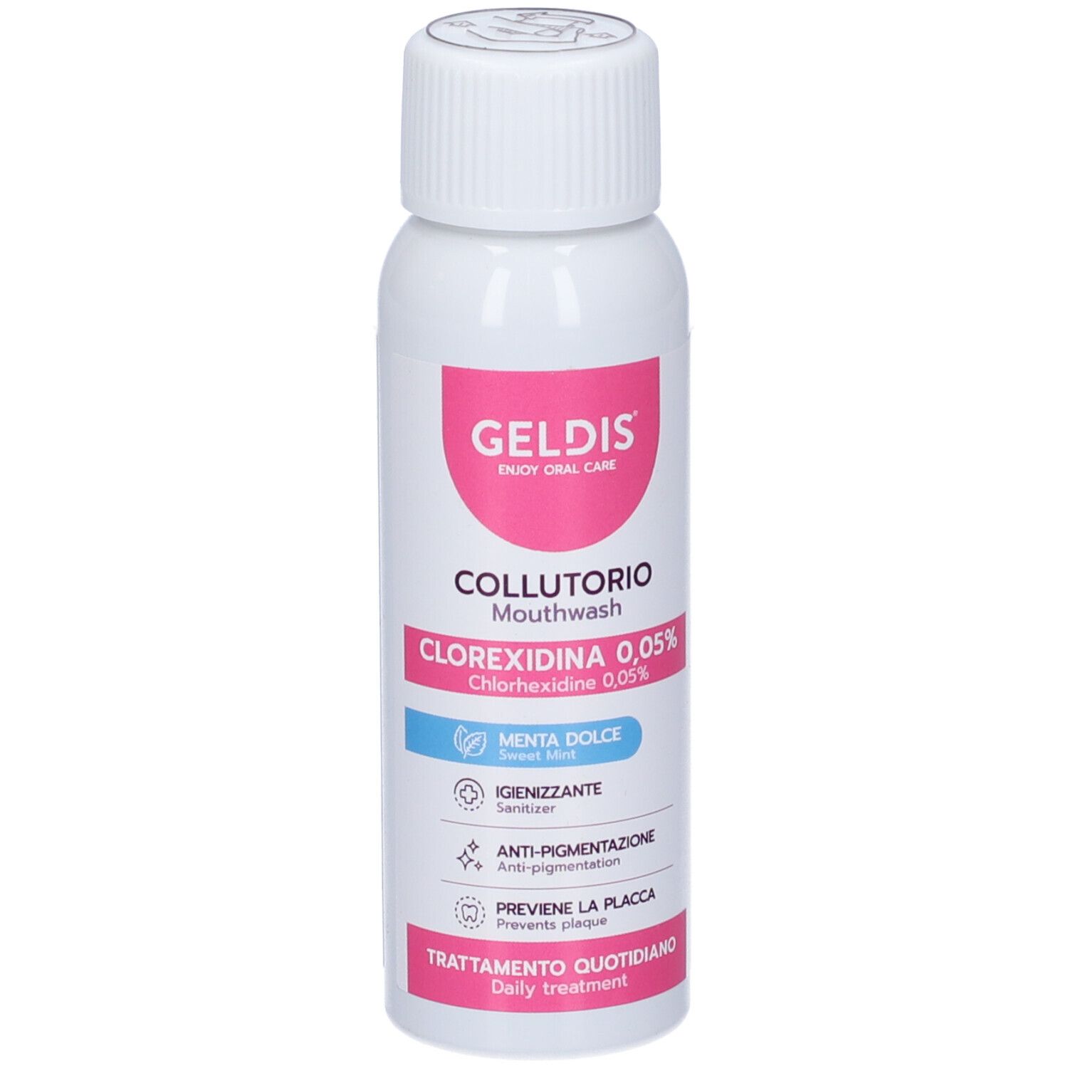 Flacone bianco con etichetta rosa. Testo: Geldis, Collutorio, Clorexidina 0,05%, Menta Dolce. Collutorio.