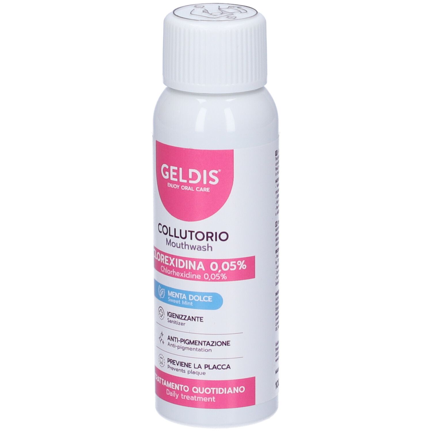 Flacone bianco con etichetta rosa. Testo: Geldis, Collutorio, Clorexidina 0,05%, Menta Dolce. Collutorio.