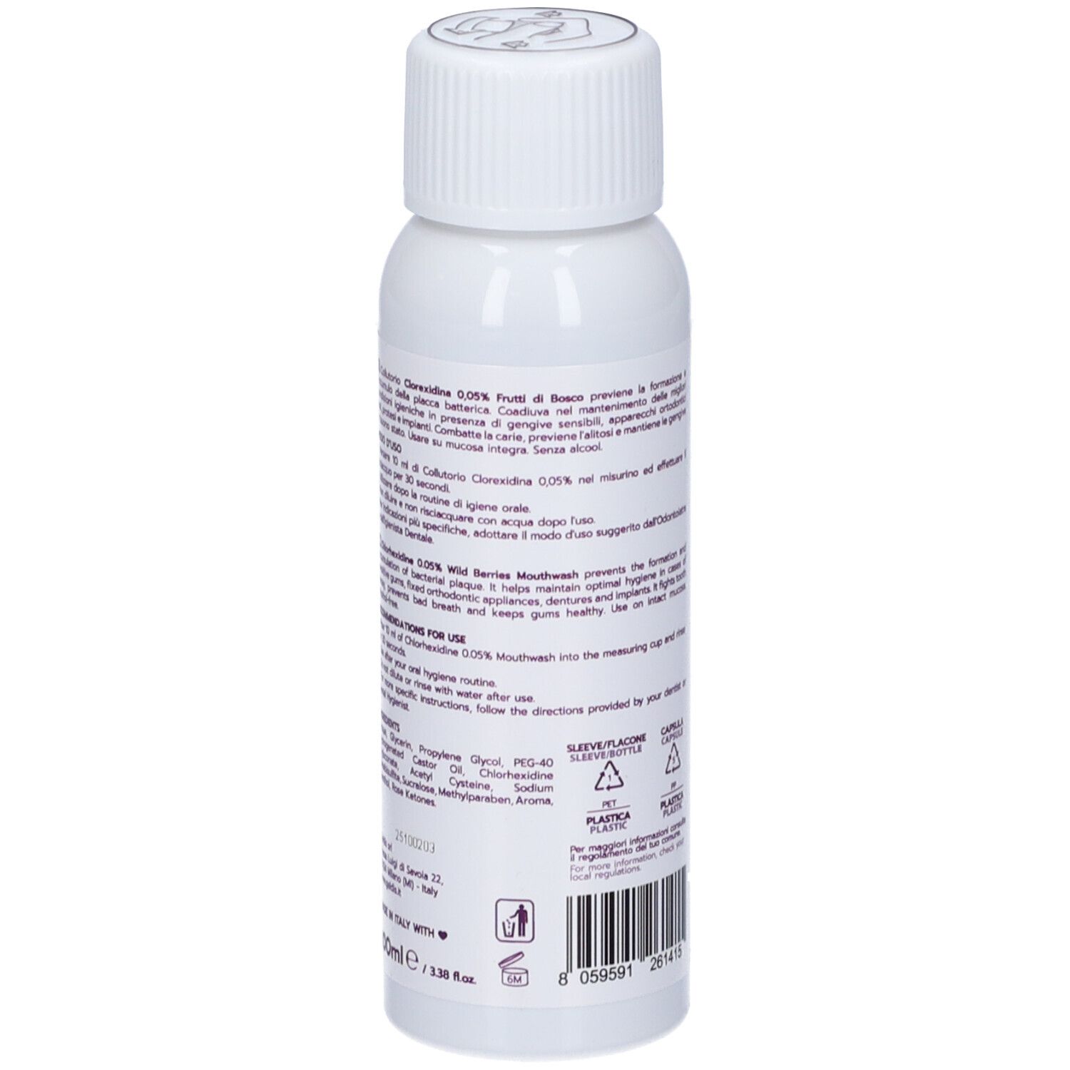 Flacone bianco, retro. Testo: Collutorio, Clorexidina 0,05%. Istruzioni per l'uso in italiano e inglese.
