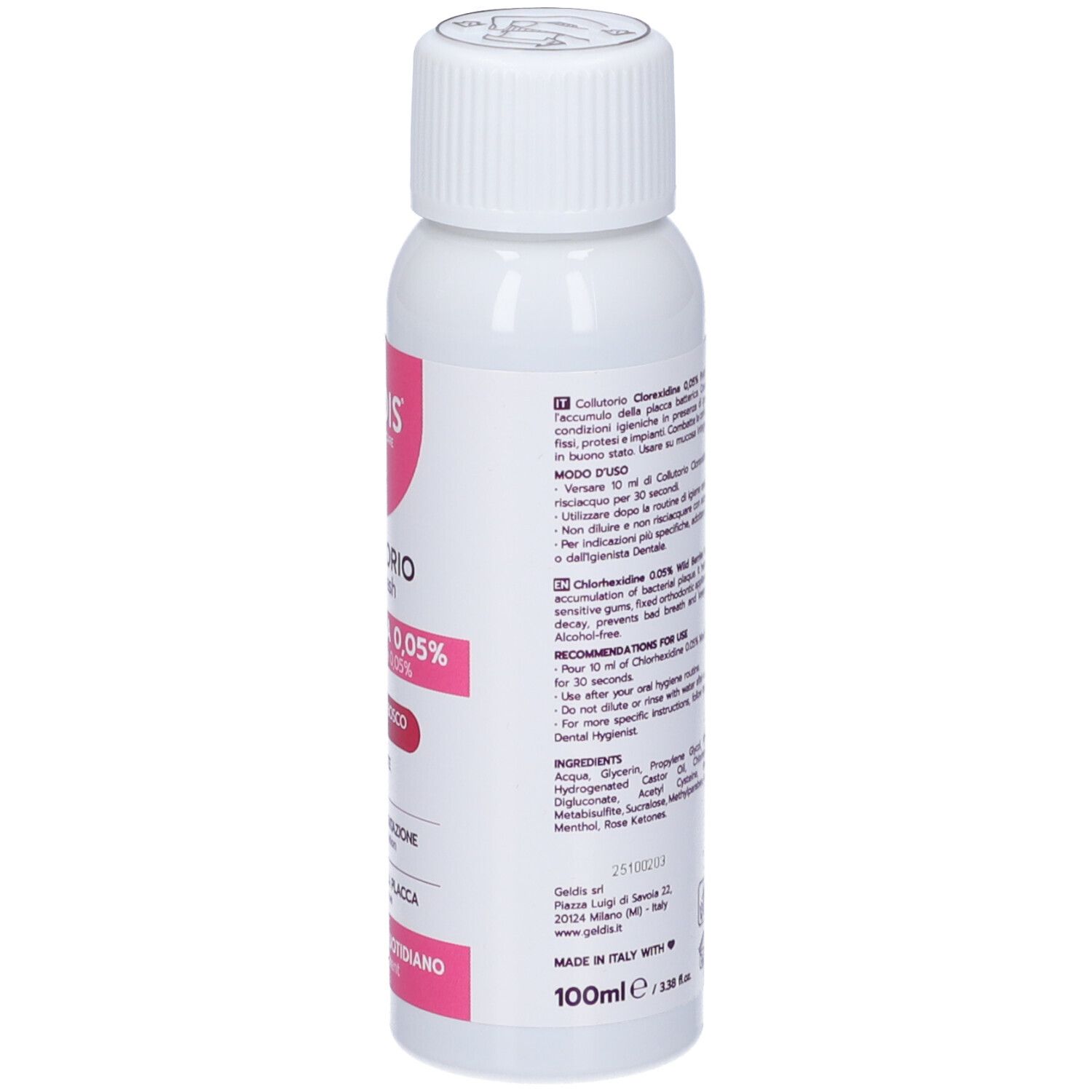 Flacone bianco con etichetta rosa. Testo: Geldis, Collutorio, Clorexidina 0,05%, Frutti di Bosco. Collutorio.