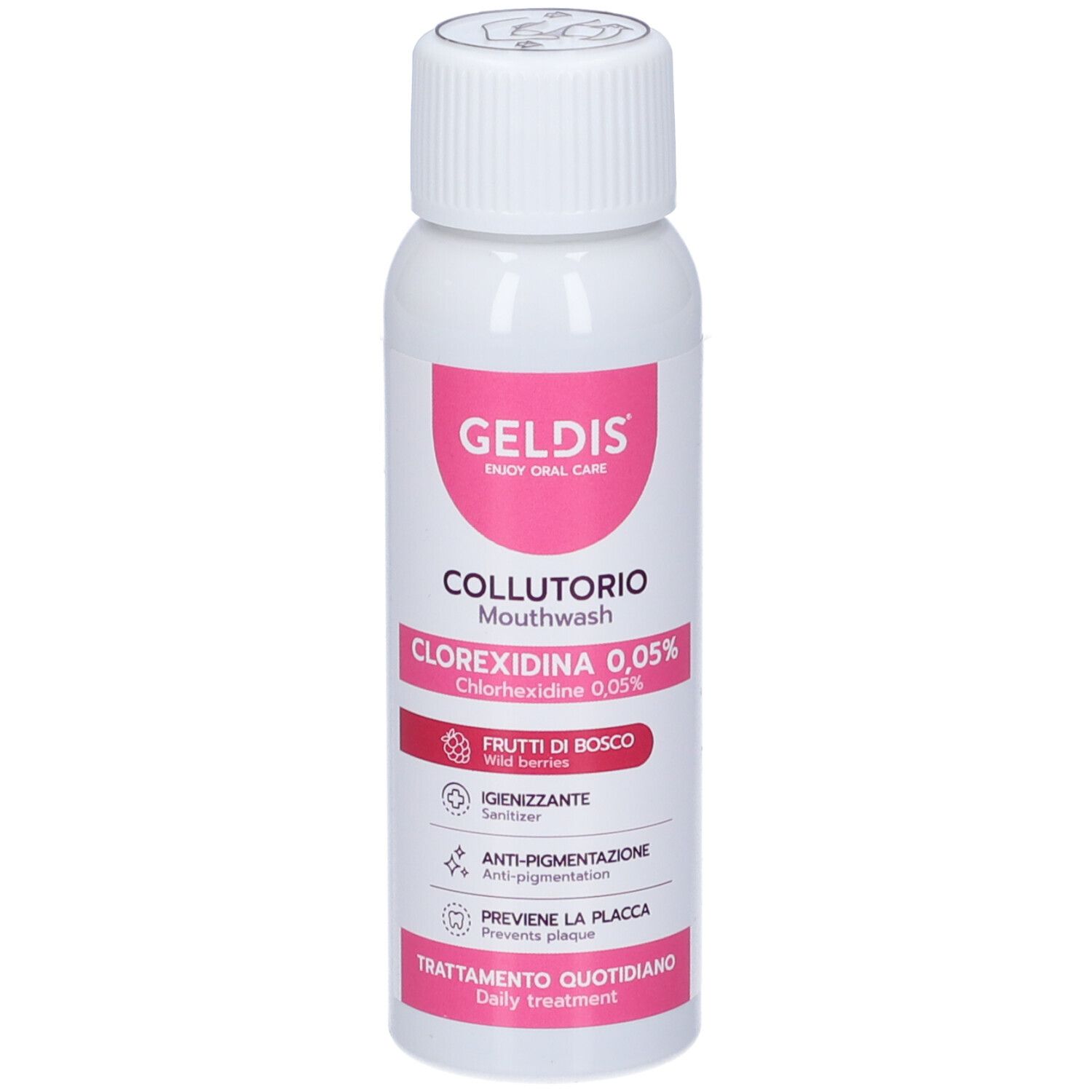 Flacone bianco con etichetta rosa. Testo: Geldis, Collutorio, Clorexidina 0,05%, Frutti di Bosco. Collutorio.