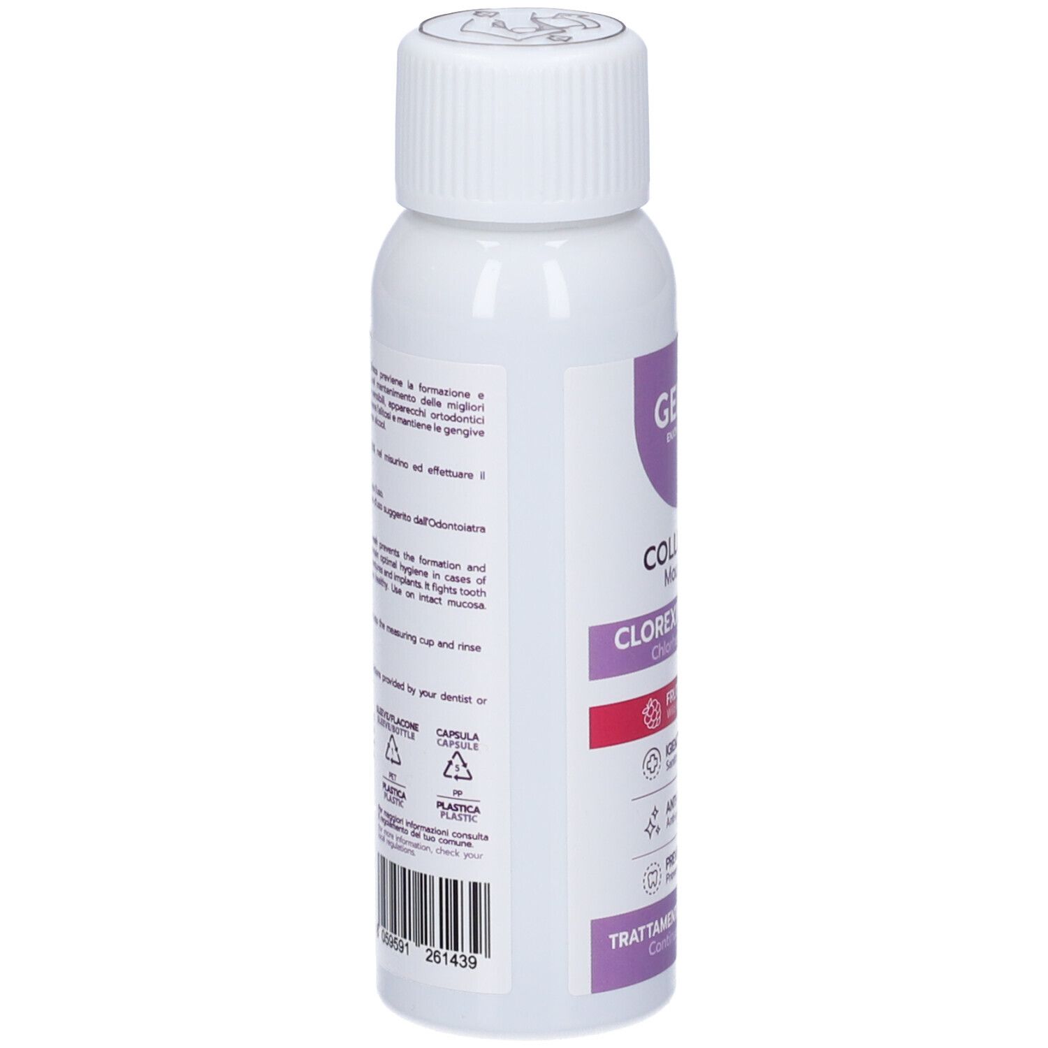 Flacone bianco, vista laterale. Etichetta viola con testo. Retro con testo e codice a barre. Simbolo riciclo plastica.