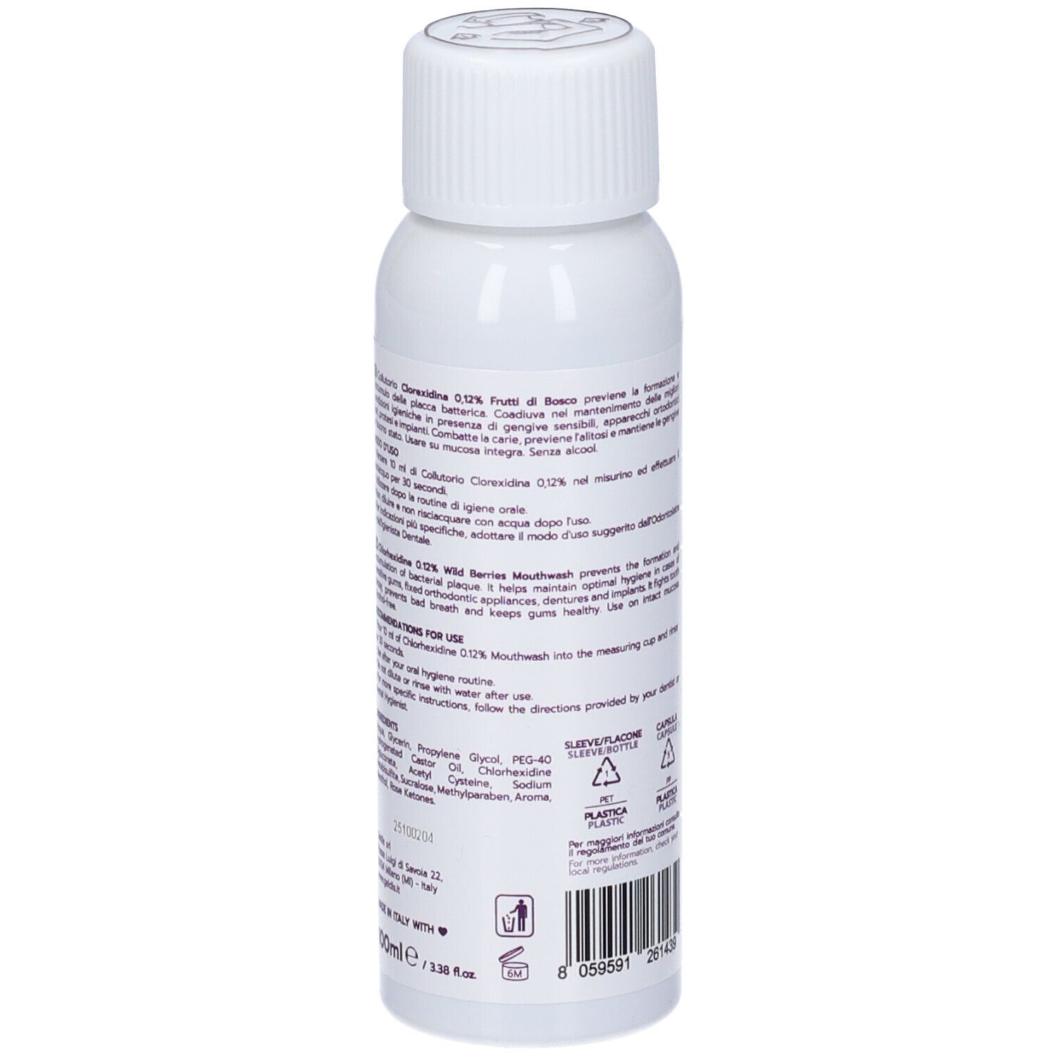 Flacone bianco, vista posteriore. Etichetta viola con testo. Testo: Istruzioni per l'uso, ingredienti. 100ml. Made in Italy.