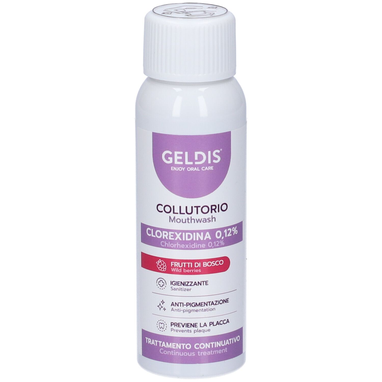 Flacone bianco con etichetta viola. Testo: GELDIS, COLLUTORIO, Clorexidina 0,12%, Frutti di Bosco. Collutorio.