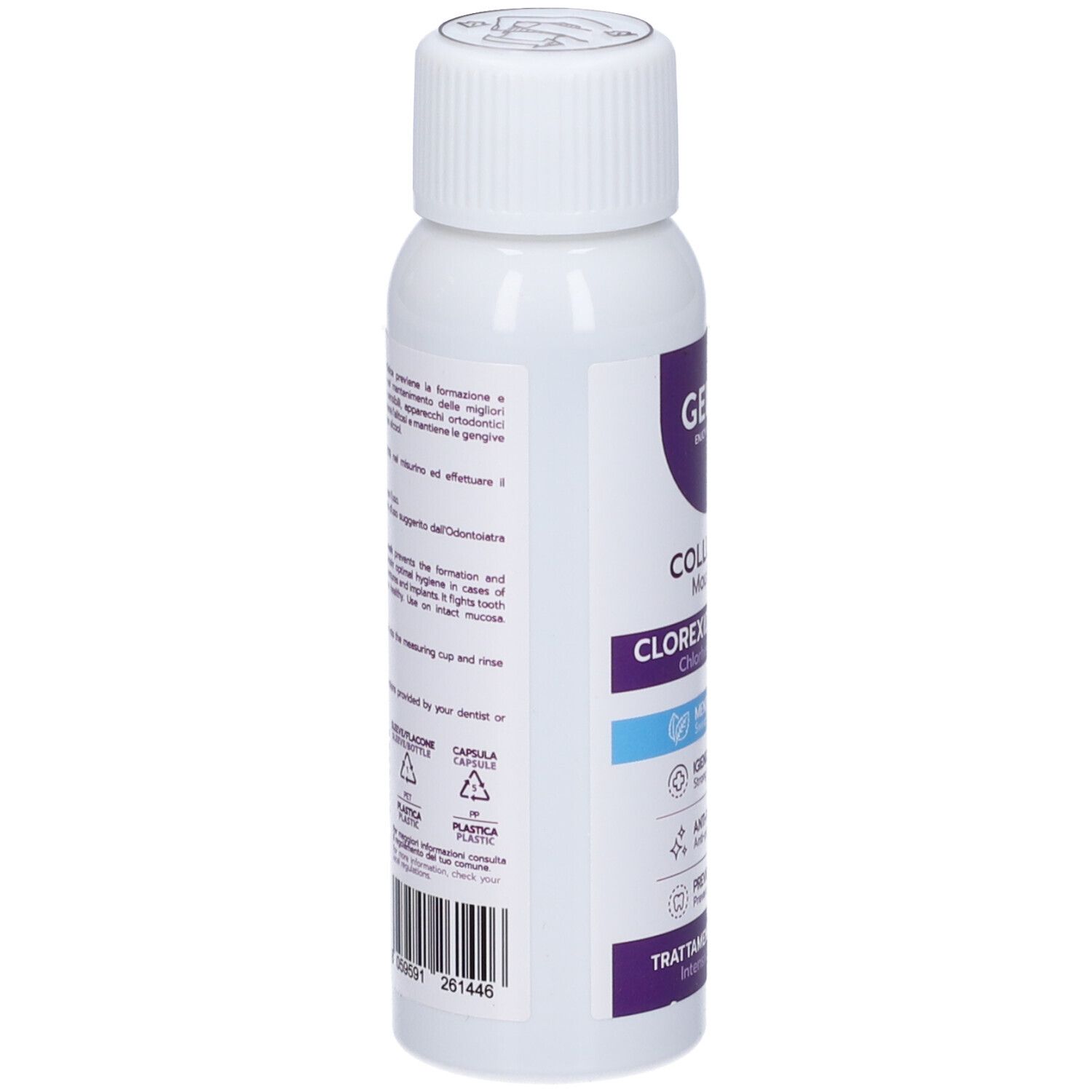 Retro del flacone bianco. Testo: informazioni sul prodotto, ingredienti, produttore. Codice a barre e simboli di riciclaggio.