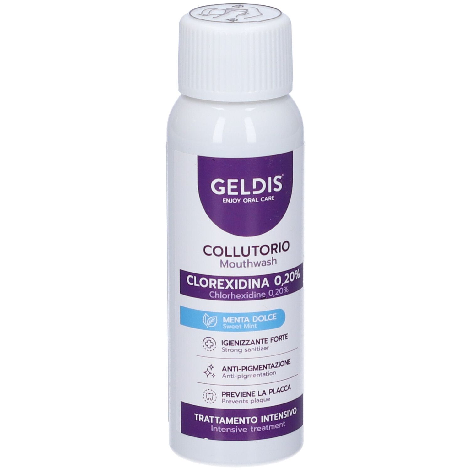 Flacone bianco con etichetta viola. Testo: Geldis, Collutorio Mouthwash, Clorexidina 0,20%, Menta Dolce. Tappo bianco con stampa.