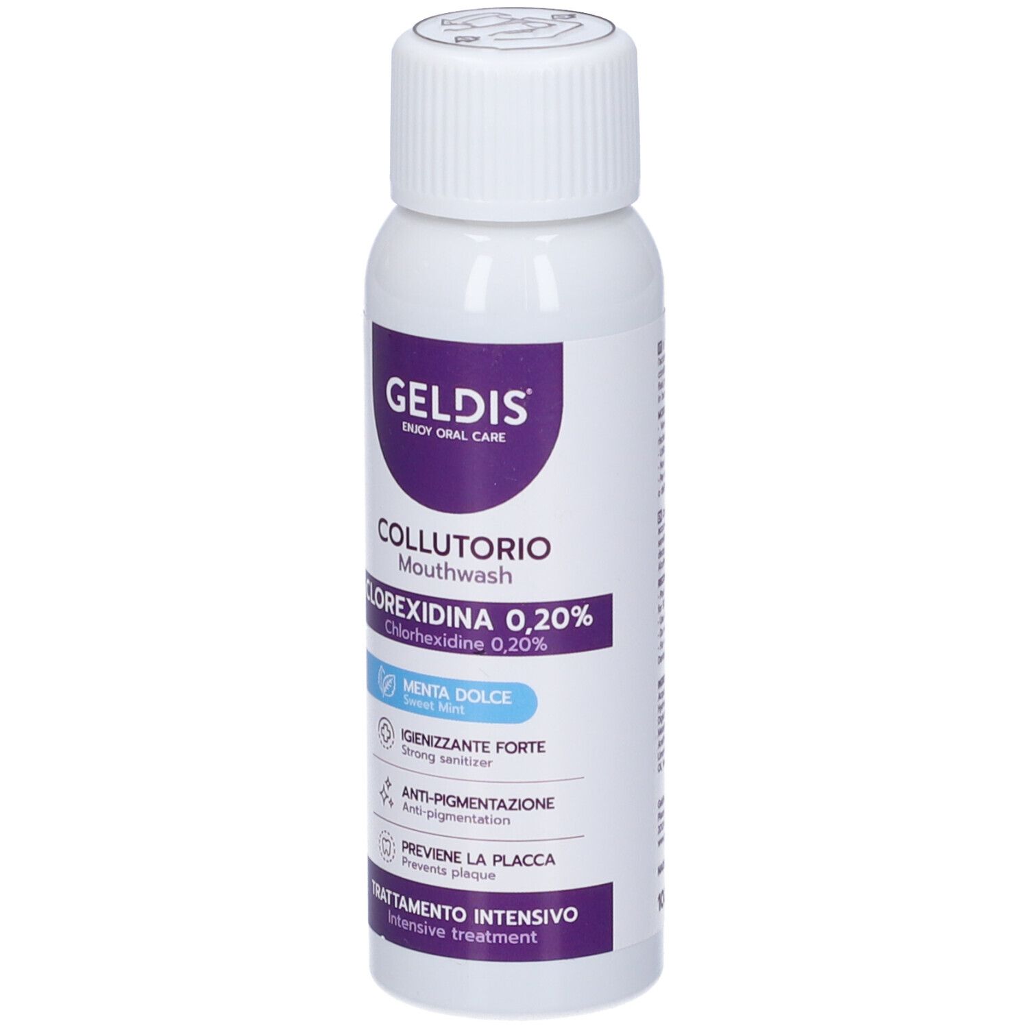 Flacone bianco con etichetta viola. Testo: Geldis, Collutorio Mouthwash, Clorexidina 0,20%, Menta Dolce. Tappo bianco con stampa.