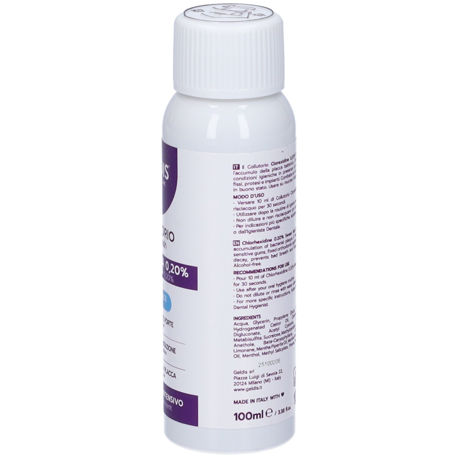 Flacone bianco con etichetta viola. Testo: Geldis, Collutorio Mouthwash, Clorexidina 0,20%, Menta Dolce. 100ml. Tappo bianco con stampa.