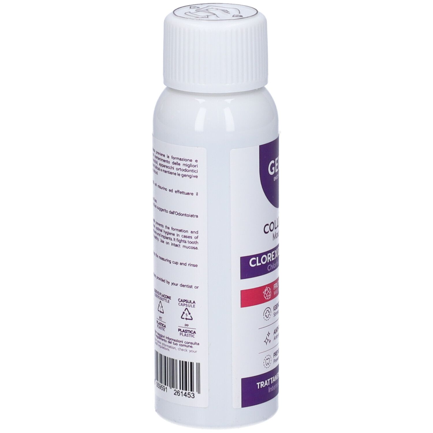 Flacone bianco, vista laterale. Testo e informazioni in italiano. Simboli di riciclo.