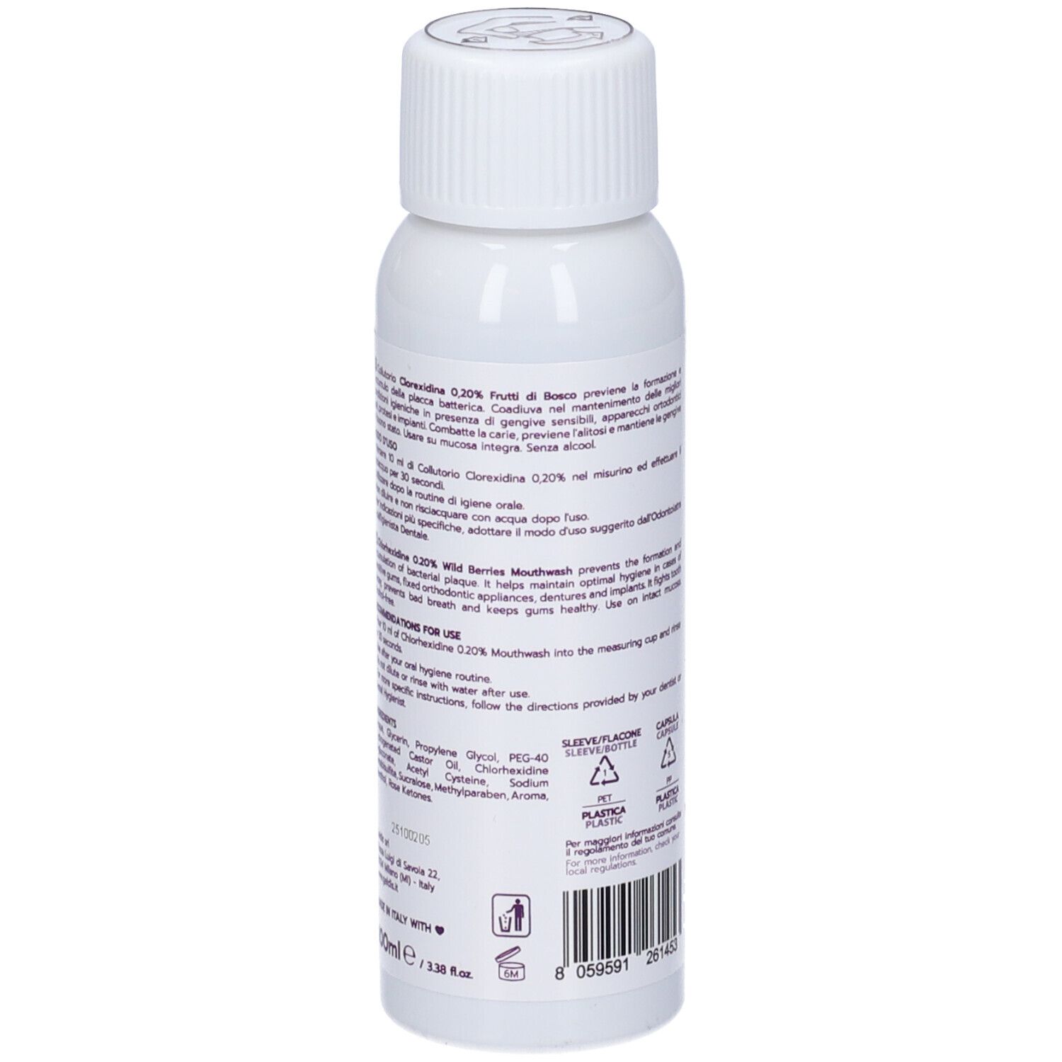 Flacone bianco, retro. Testo in italiano. Ingredienti e istruzioni per l'uso.