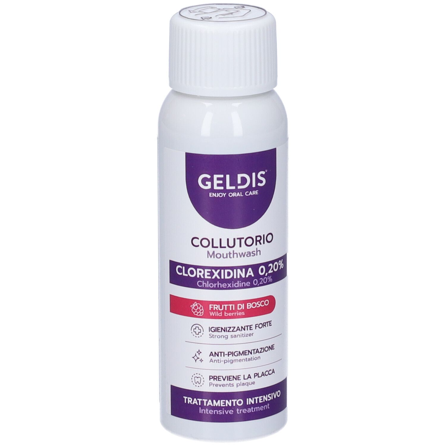 Flacone bianco con etichetta viola. Testo: Geldis, Collutorio, Clorexidina 0,20%, Frutti di Bosco. Collutorio.