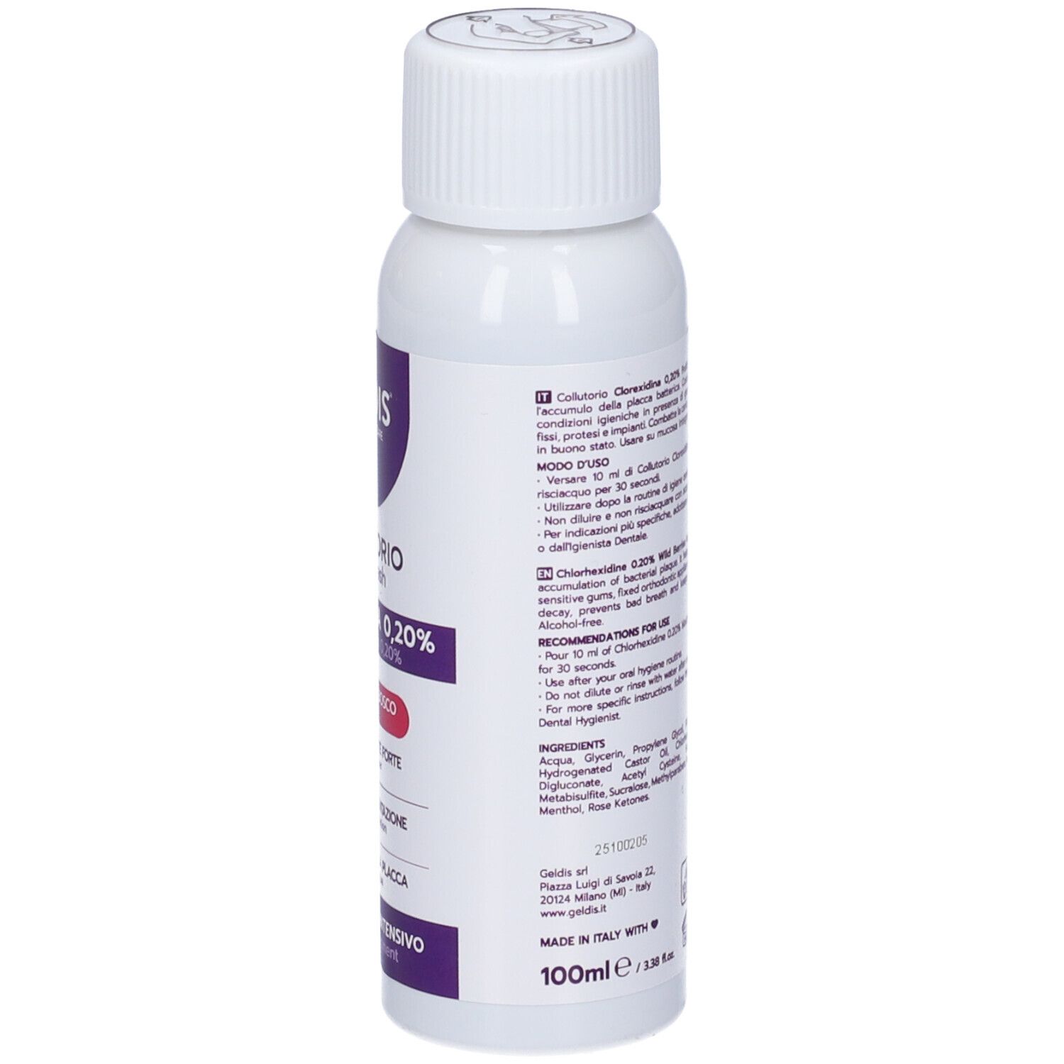 Flacone bianco, retro. Testo in italiano. Ingredienti, istruzioni e informazioni produttore.