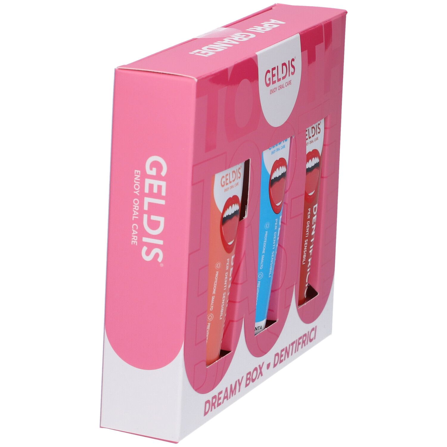Scatola rosa con tubi di dentifricio. Logo Geldis. Vista obliqua, mostra il lato della confezione.