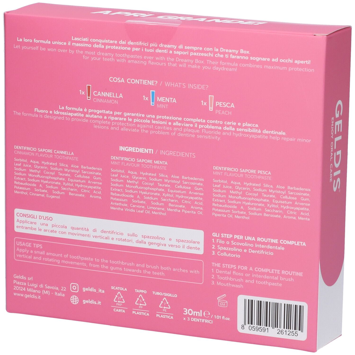 Retro della scatola rosa. Testo in italiano. Contiene informazioni sugli ingredienti e l'uso.