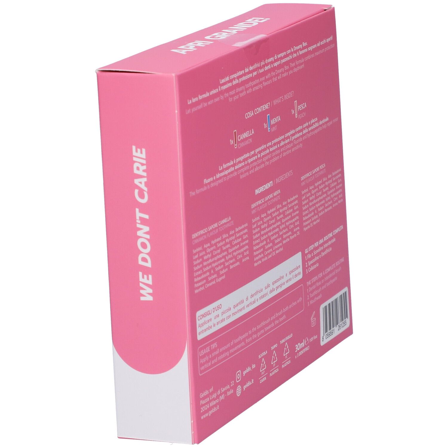 Vista obliqua del retro della scatola rosa. Testo in italiano. Contiene informazioni.