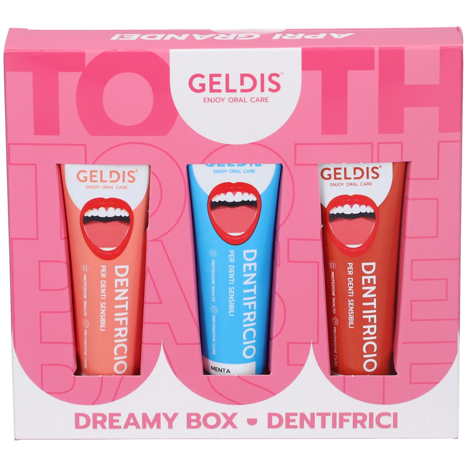 Set dentifricio in scatola rosa. Tre tubi di diversi colori e gusti. Logo Geldis.