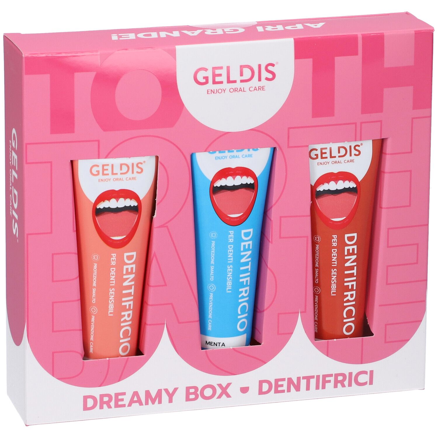 Set dentifricio in scatola rosa. Tre tubi di diversi colori e gusti. Logo Geldis.