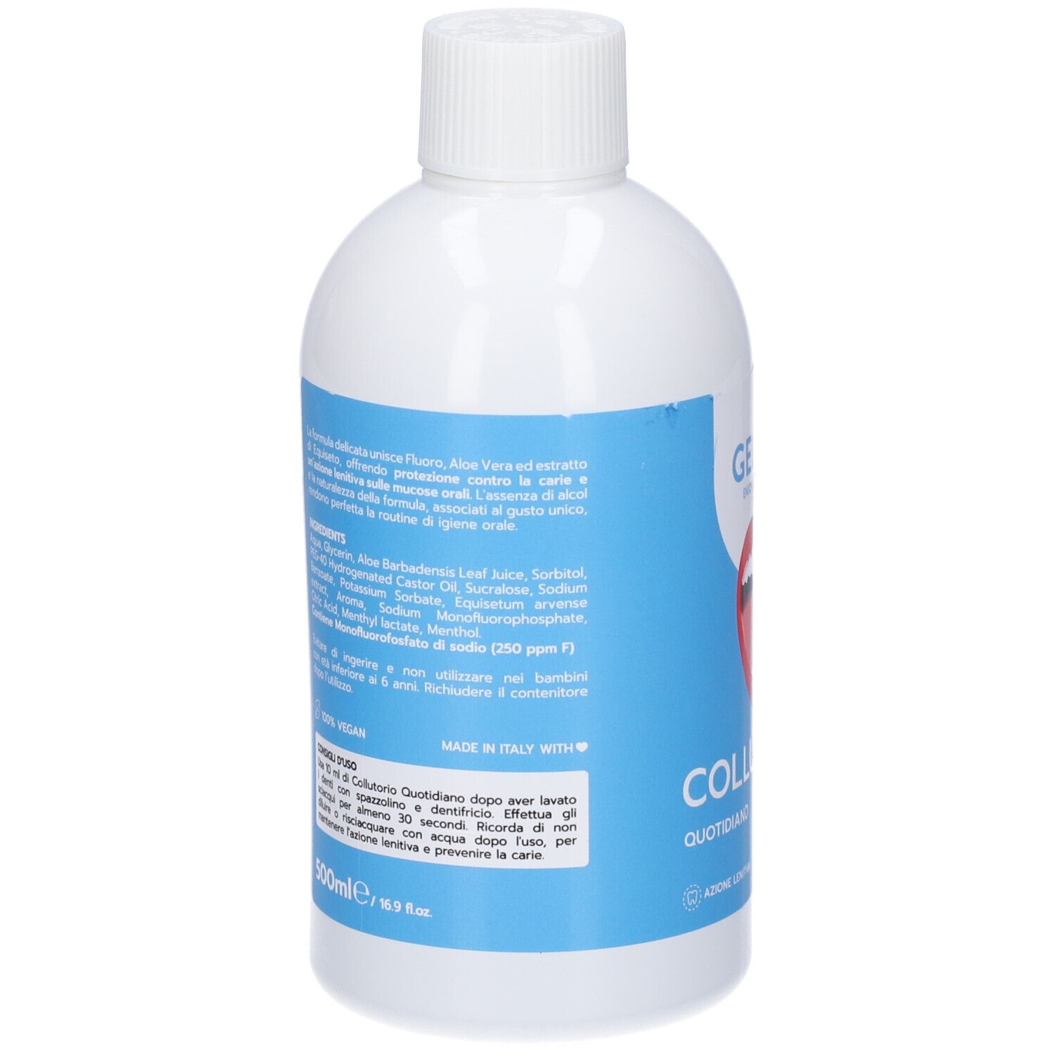 Retro del flacone bianco. Etichetta blu con ingredienti e istruzioni per l'uso. Certificazione vegana.