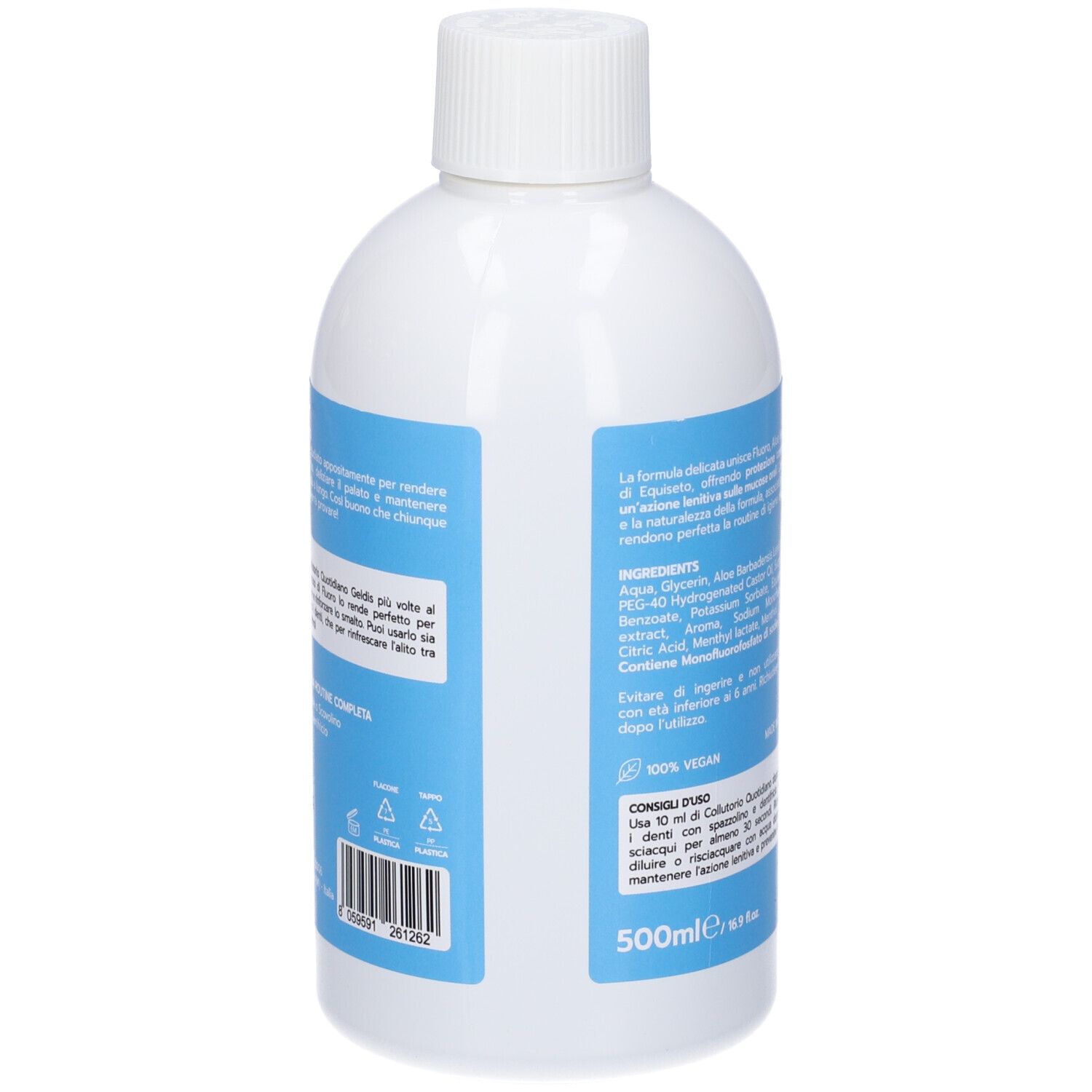 Retro del flacone bianco. Etichetta blu con ingredienti e informazioni. Certificazione vegana.