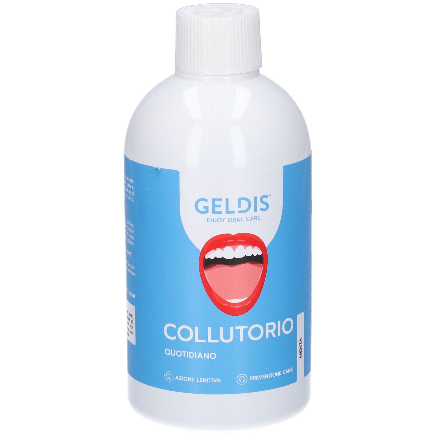 Flacone bianco con etichetta blu. Scritta GELDIS, illustrazione bocca e COLLUTORIO. Prodotto per l'igiene orale.