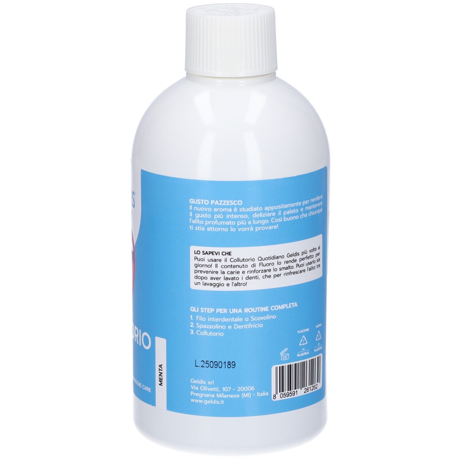 Retro del flacone bianco. Etichetta blu con informazioni. Contiene fluoro. Certificazione vegana.