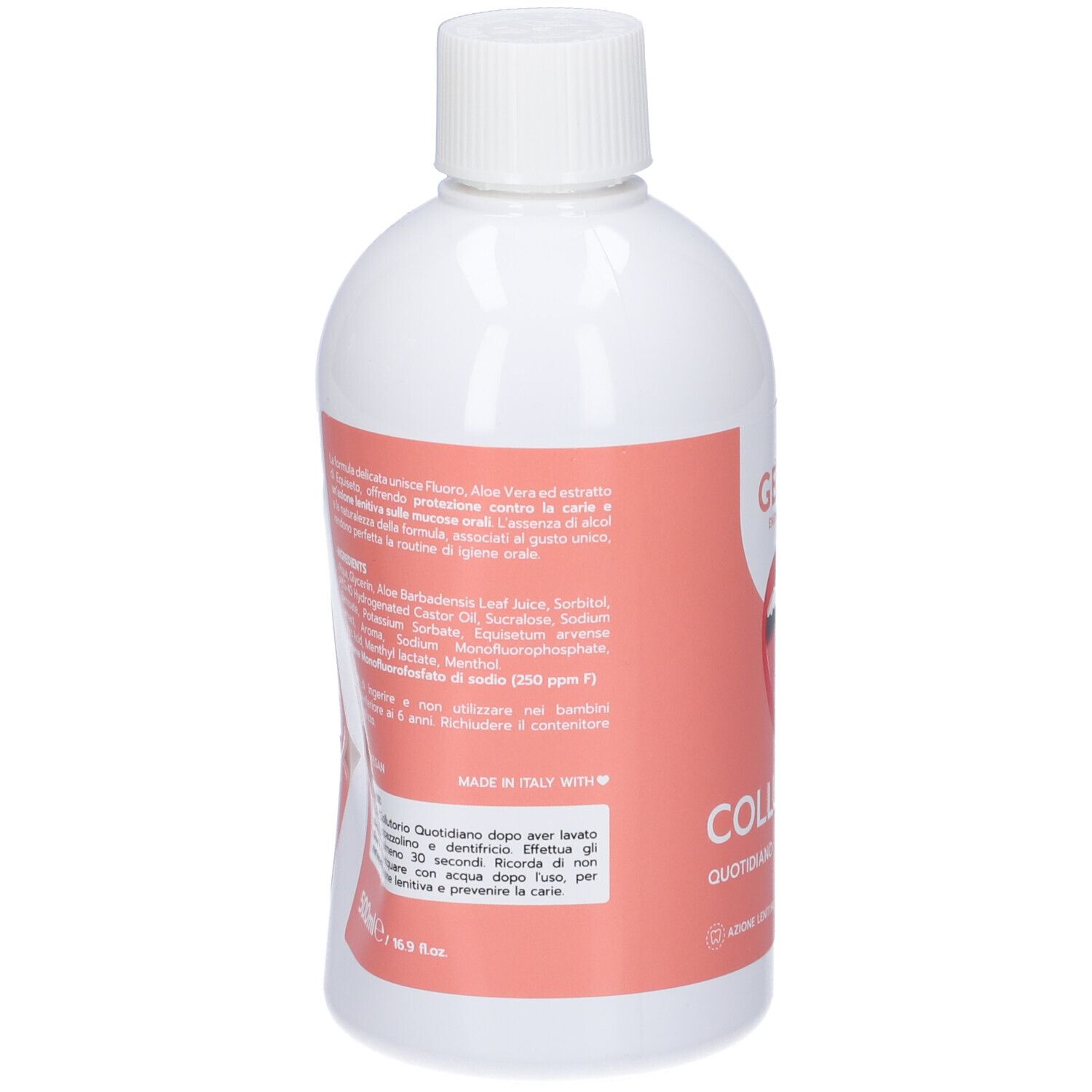 Retro del flacone. Etichetta rosa con testo. Ingredienti e istruzioni per l'uso.