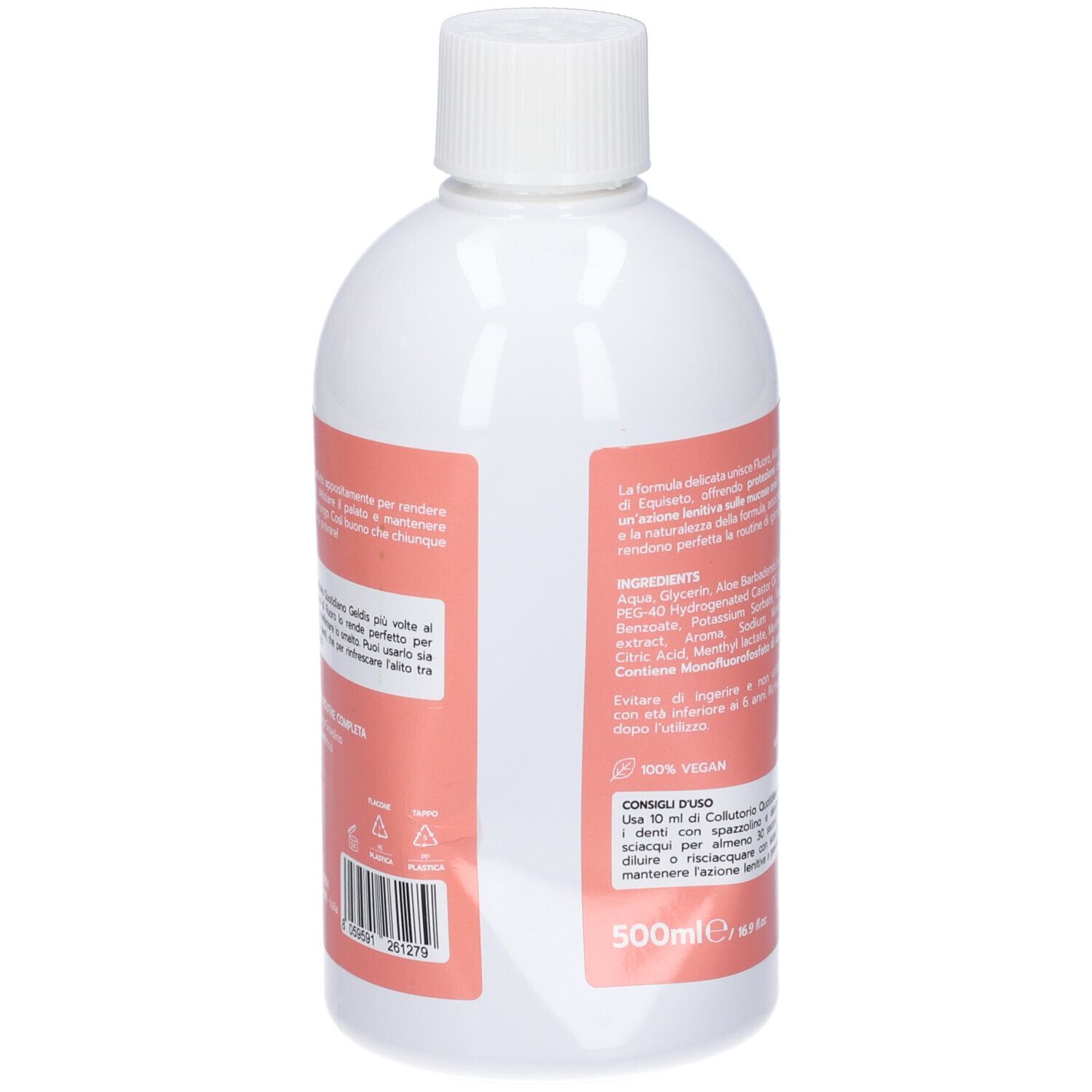 Retro del flacone. Etichetta rosa con testo. Ingredienti e istruzioni per l'uso. Logo vegano.