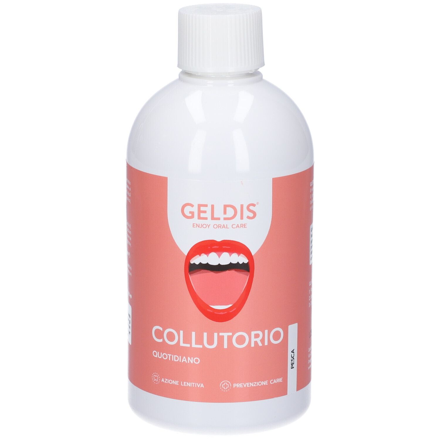 Flacone bianco con etichetta rosa. Logo GELDIS e illustrazione bocca. Scritta COLLUTORIO. Testo PEACH.