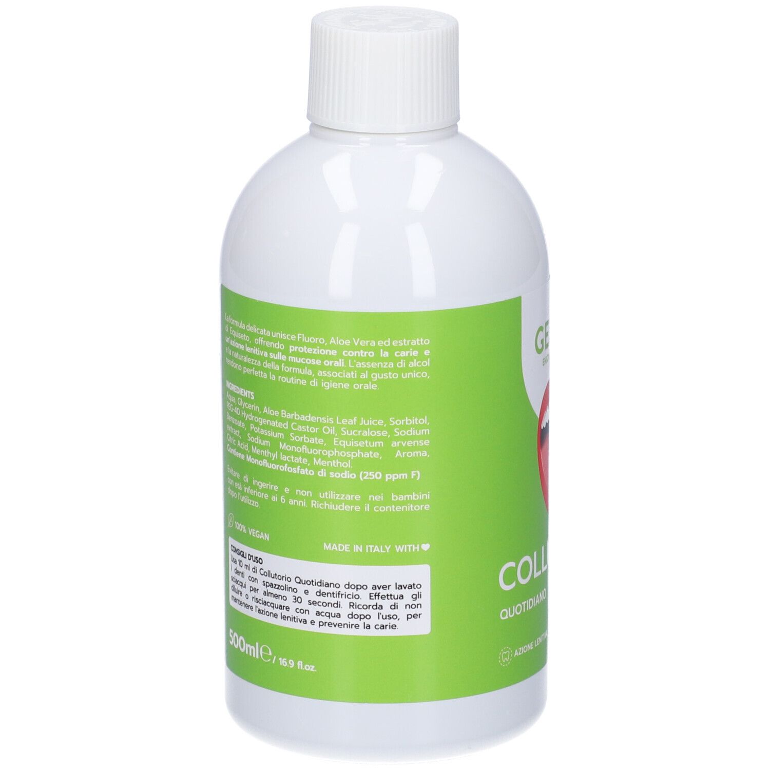 Retro della bottiglia bianca con etichetta verde. Testo con ingredienti e istruzioni. 'MADE IN ITALY' visibile.