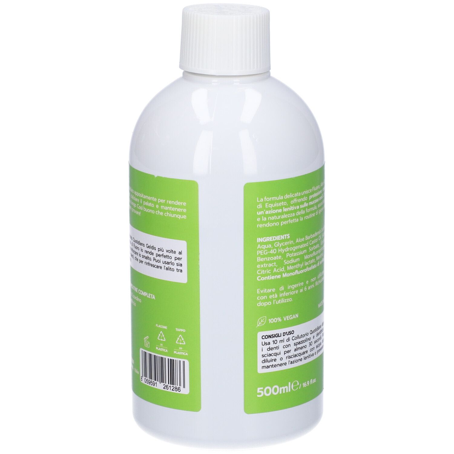 Retro della bottiglia bianca con etichetta verde. Testo con ingredienti e istruzioni. Logo '100% VEGAN'.