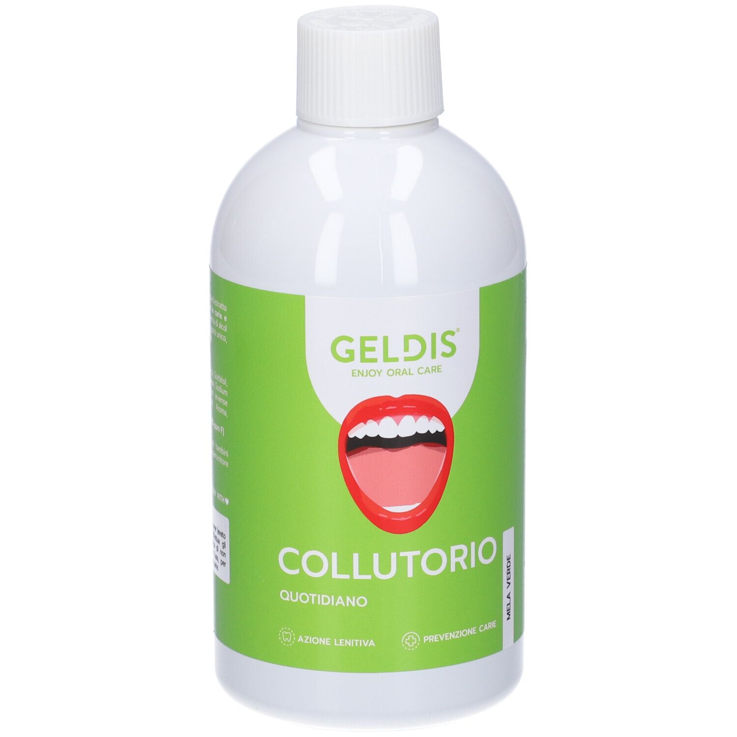 Bottiglia bianca con etichetta verde. Etichetta con marchio, illustrazione bocca, scritta 'COLLUTORIO' e 'Mela Verde'.