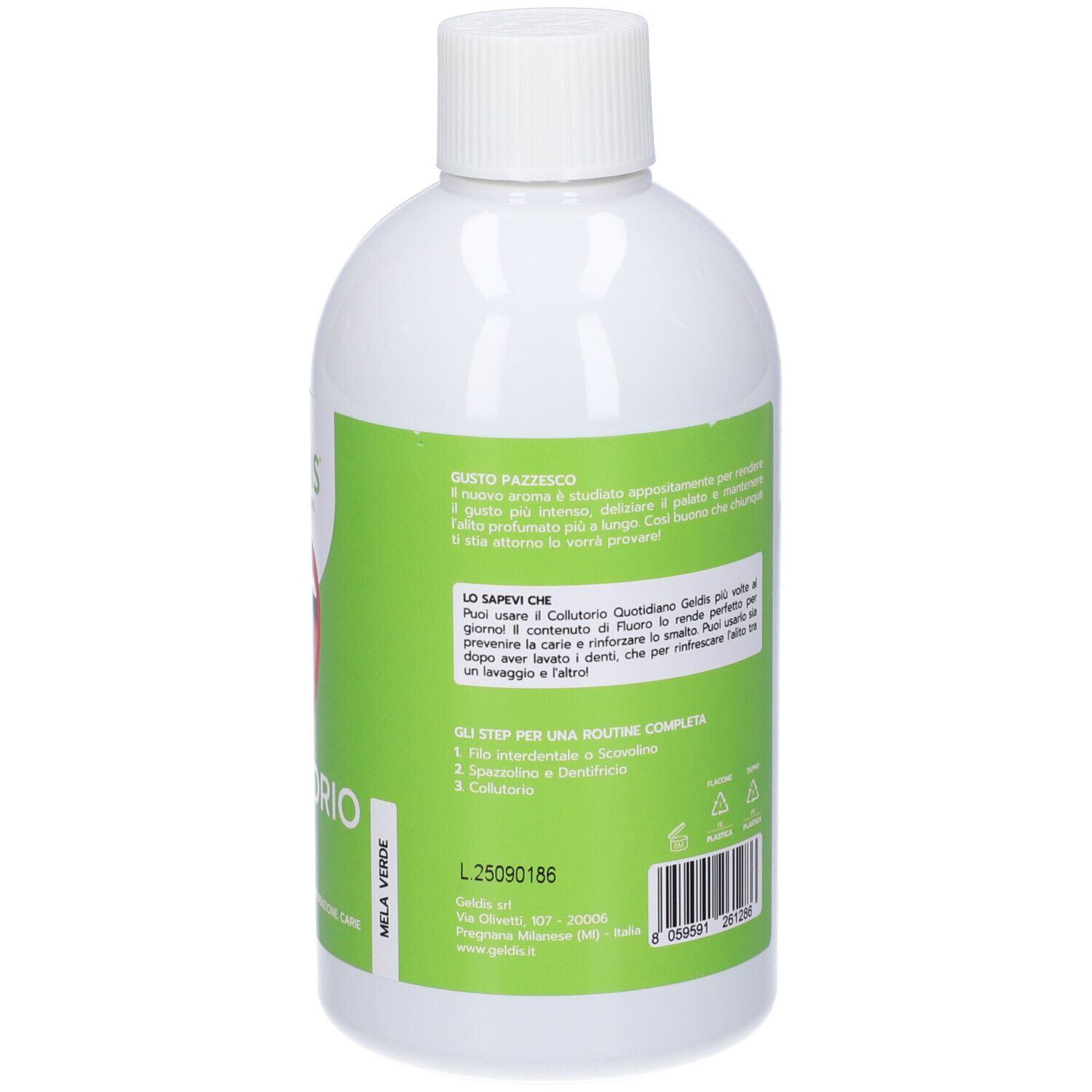 Retro della bottiglia bianca con etichetta verde. Testo con istruzioni e informazioni. 'Mela Verde' e numero di lotto.