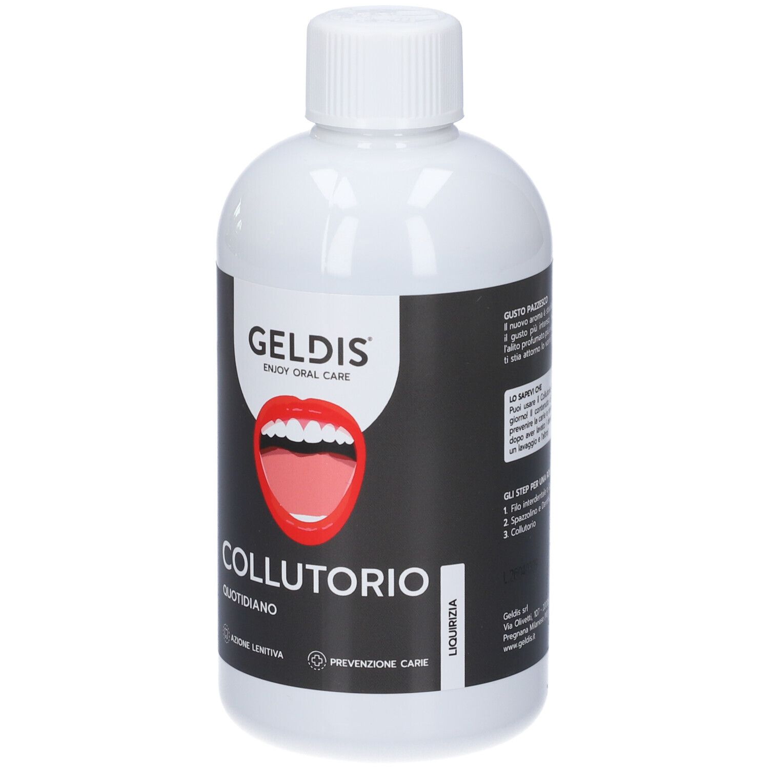 Flacone bianco con etichetta nera. Scritta GELDIS, COLLUTORIO e illustrazione della bocca. Collutorio.