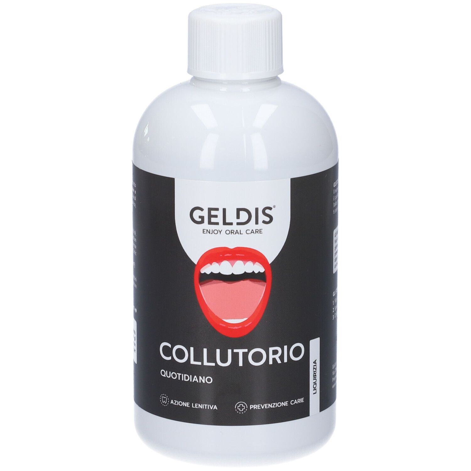 Flacone bianco con etichetta nera. Scritta GELDIS, COLLUTORIO e illustrazione della bocca. Collutorio.