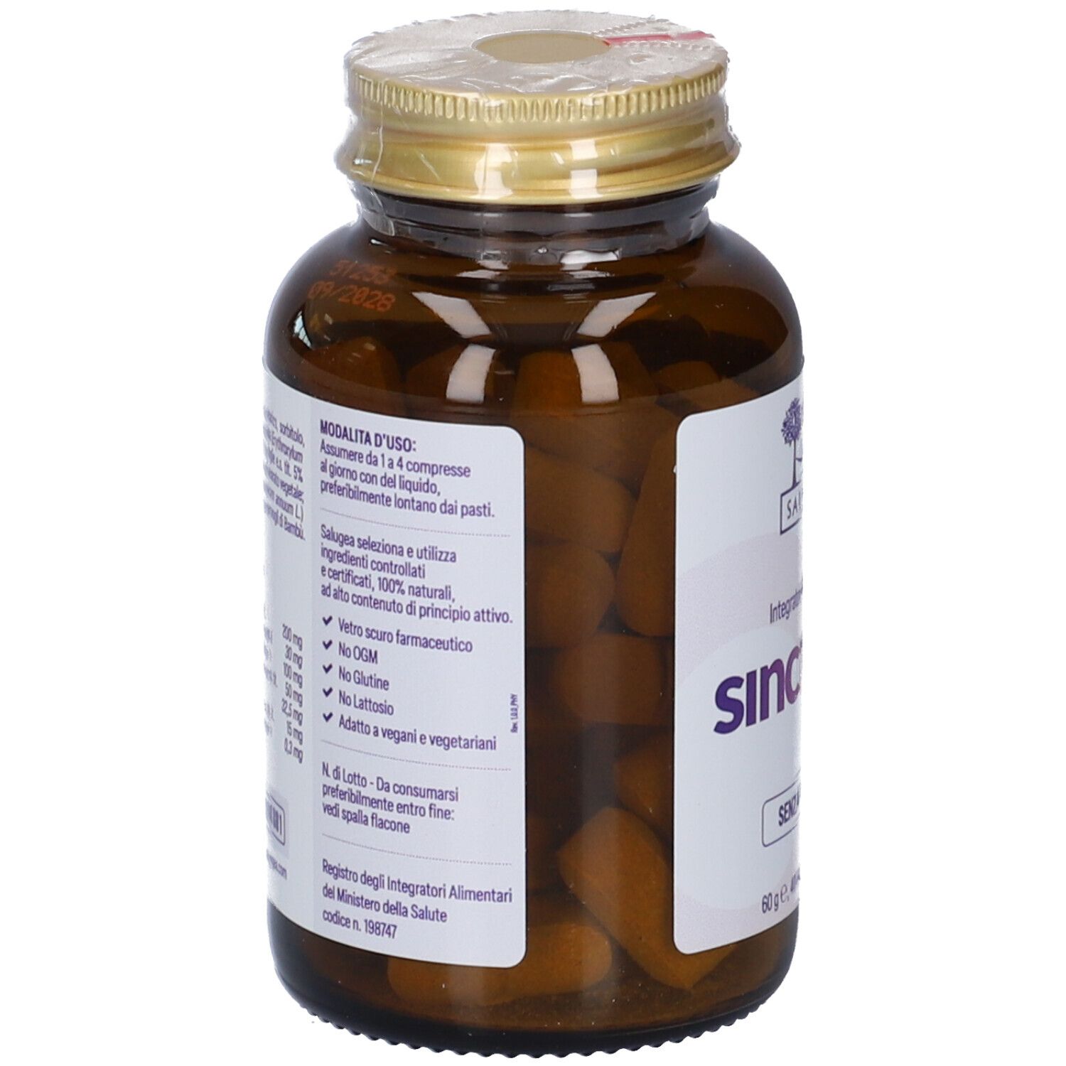 Salugea Sincrovir Compresse: retro del flacone in vetro ambrato con etichetta indicante ingredienti e modalità d'uso.