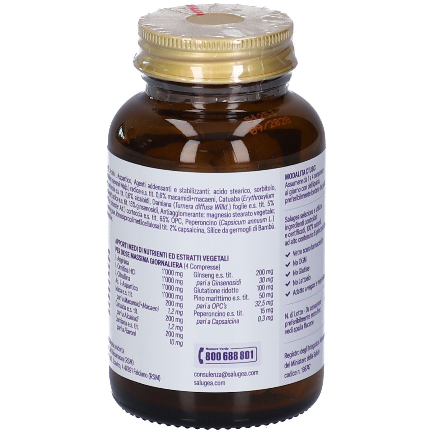 Salugea Sincrovir Compresse: vista laterale del flacone in vetro ambrato con etichetta dettagliata su ingredienti e valori nutrizionali.