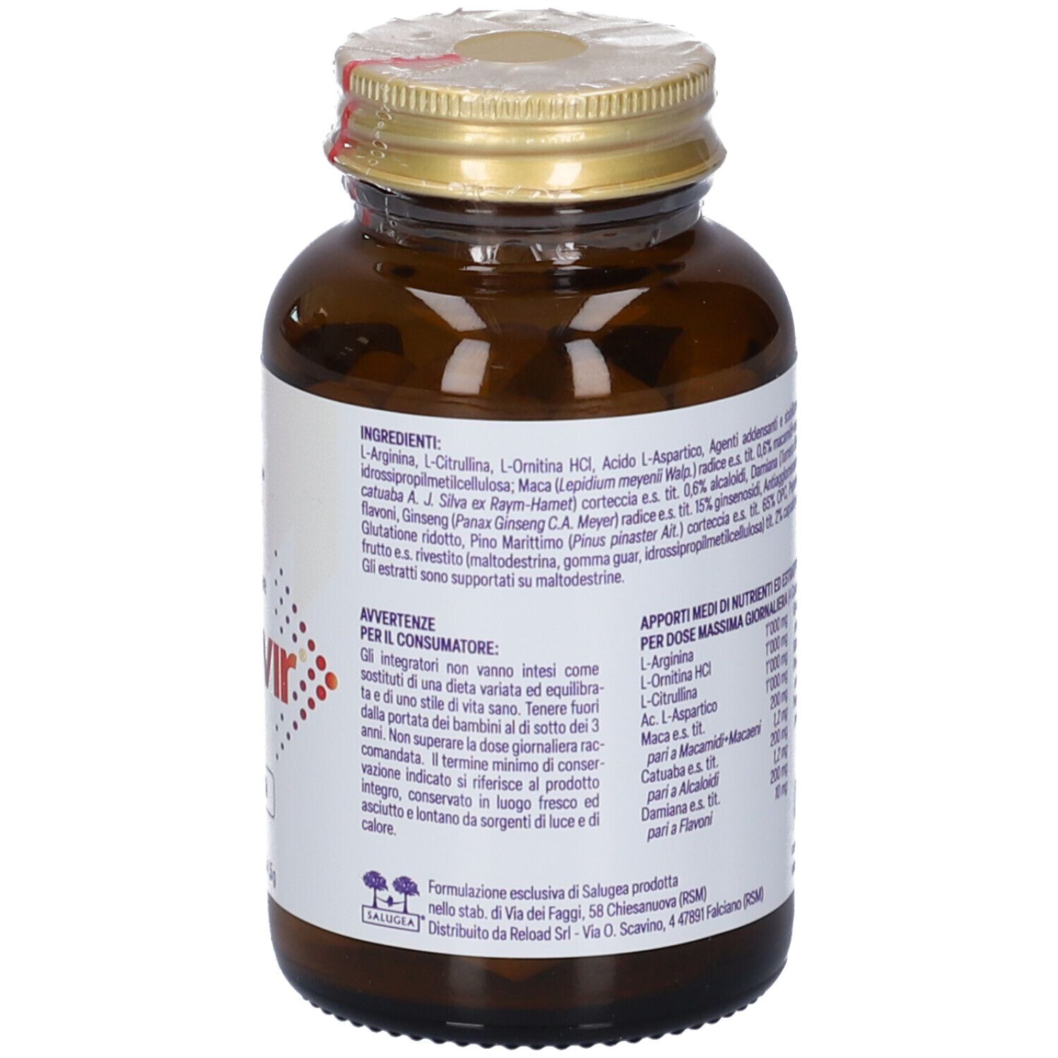 Salugea Sincrovir Compresse: fronte del flacone in vetro ambrato con etichetta indicante ingredienti e avvertenze per il consumatore.
