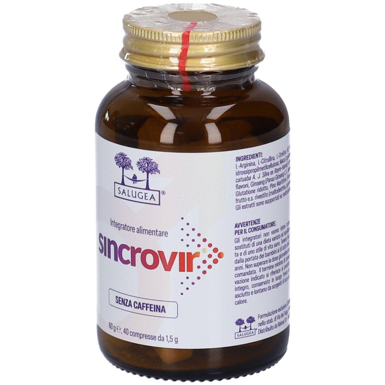 Salugea Sincrovir Compresse: flacone in vetro ambrato e scatola aperta affiancati, entrambi con informazioni sul prodotto.