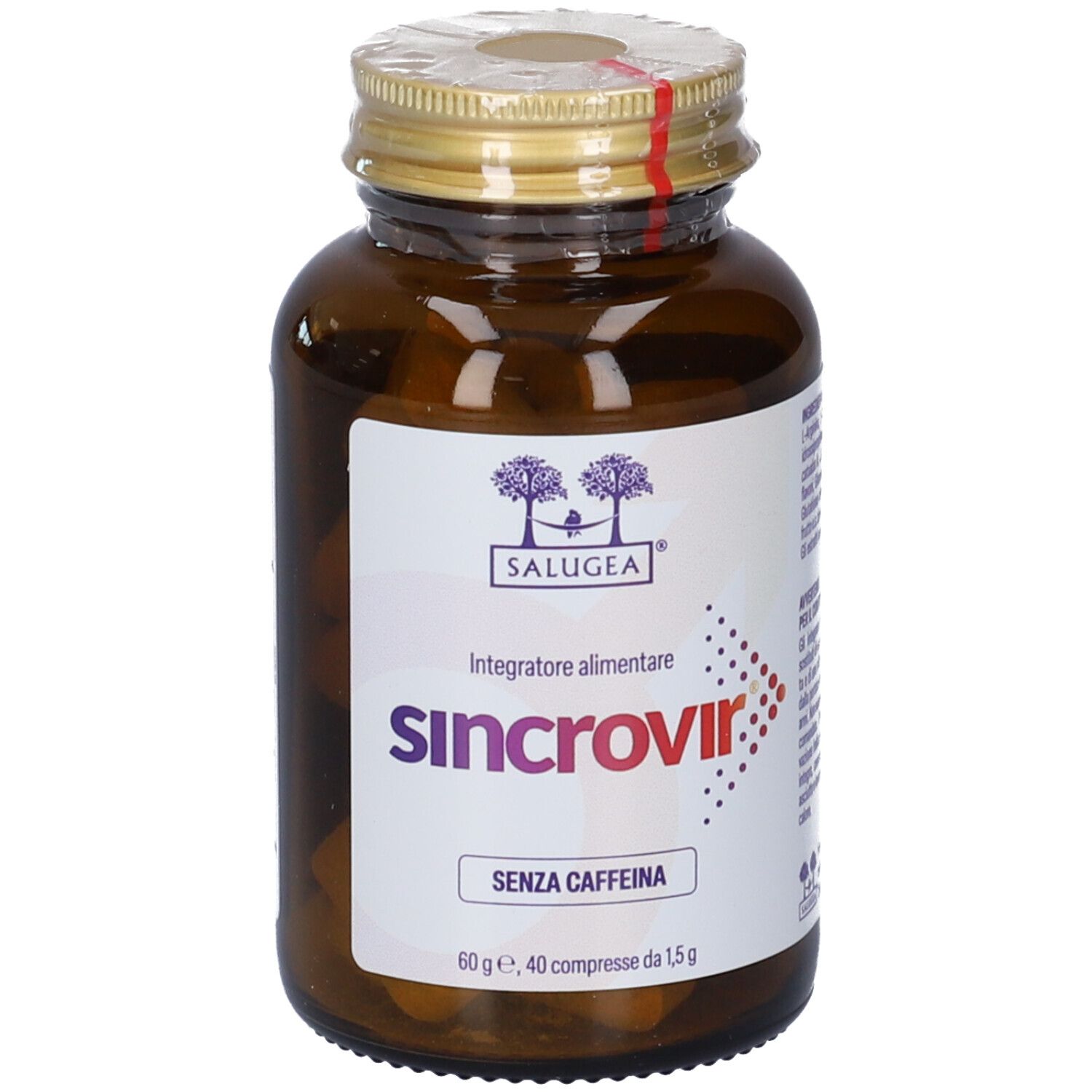 Salugea Sincrovir Compresse: flacone in vetro ambrato e scatola aperta affiancati, focus sulla parte frontale della scatola.