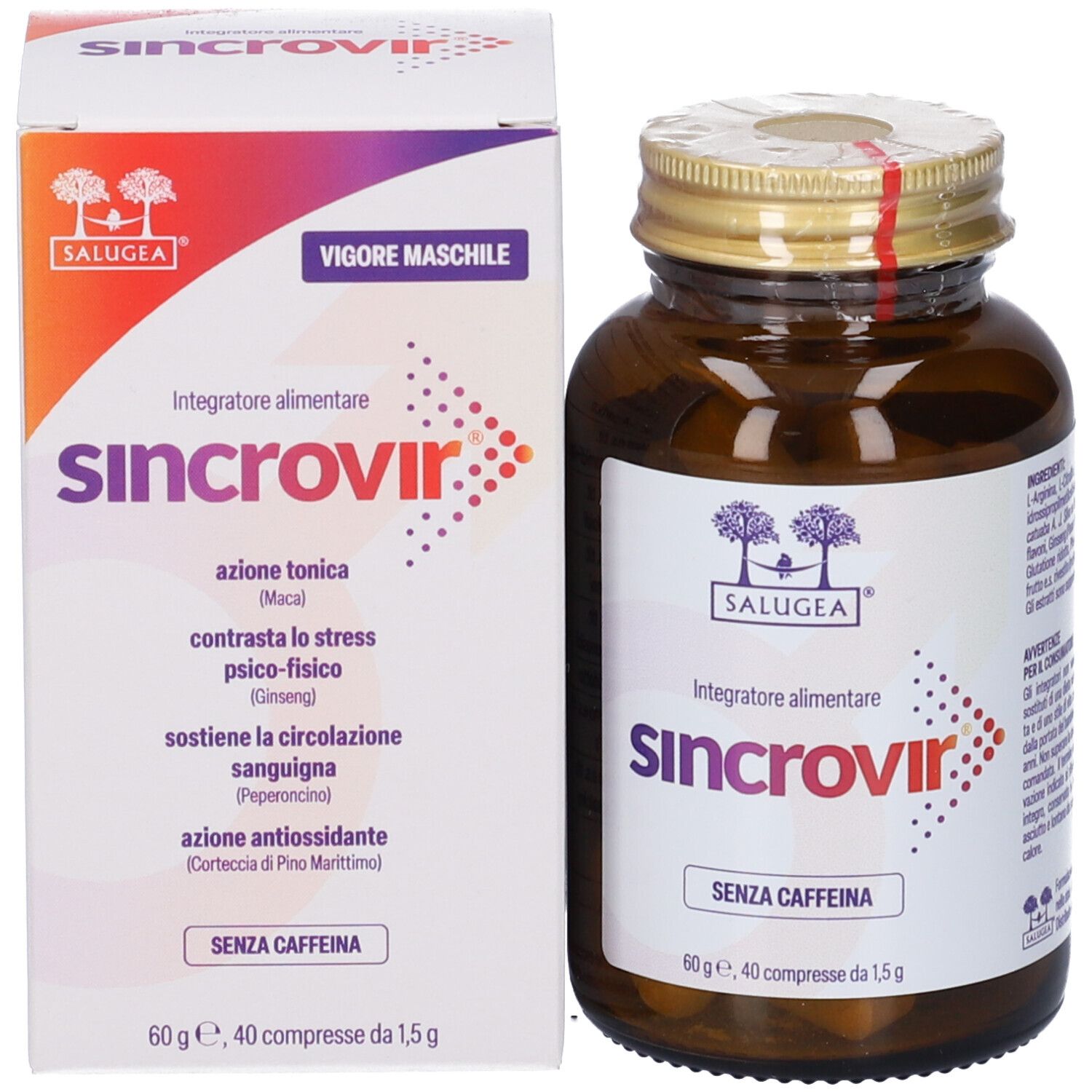 Salugea Sincrovir Compresse: scatola con etichetta che indica 'Vigore Maschile' e aree d'azione come tonico e anti-stress.