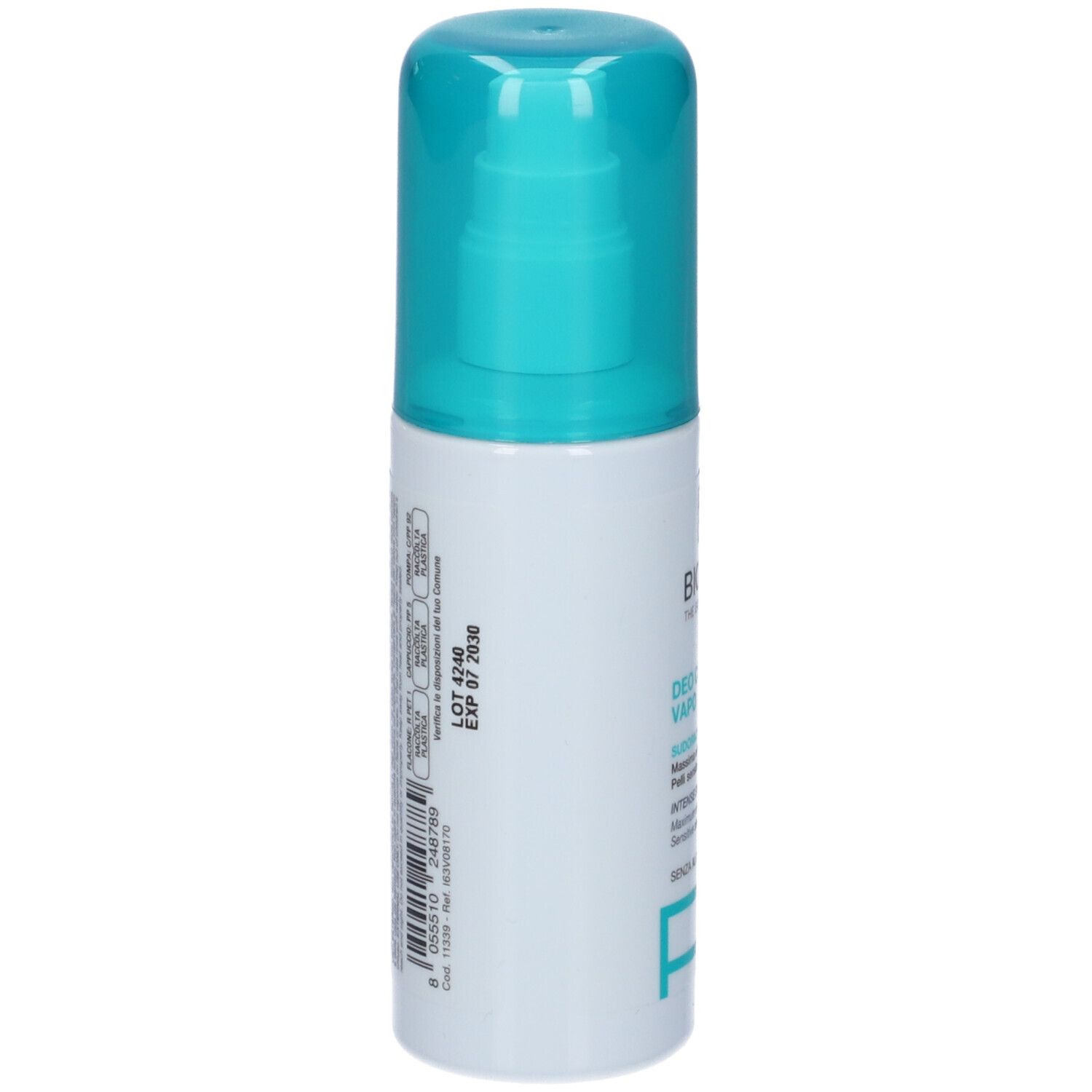 Bioclin Deo Control Vapo. Flacone bianco, erogatore blu. Retro con testo e codice a barre. Data di scadenza.