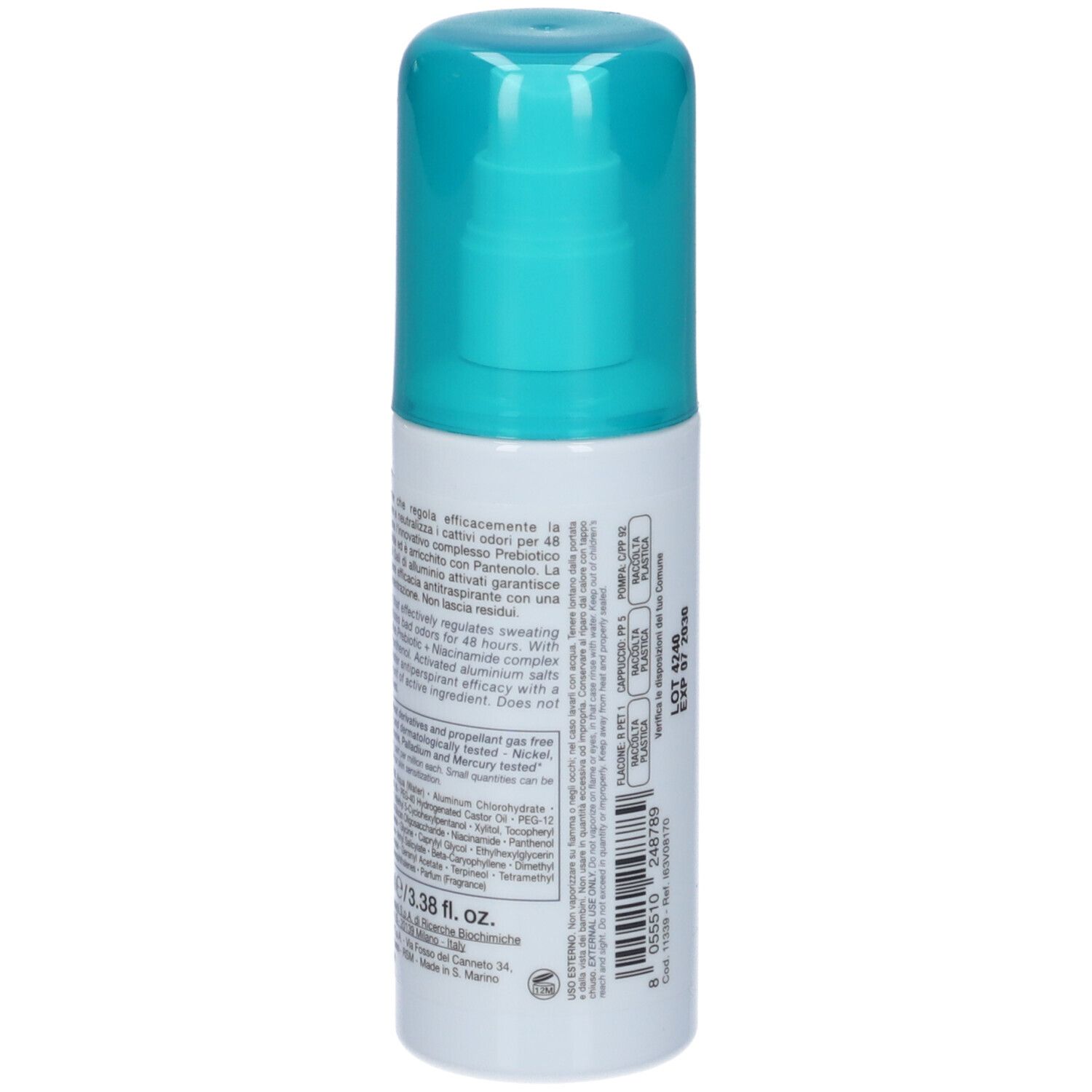 Bioclin Deo Control Vapo. Flacone bianco, erogatore blu. Retro con testo in italiano.