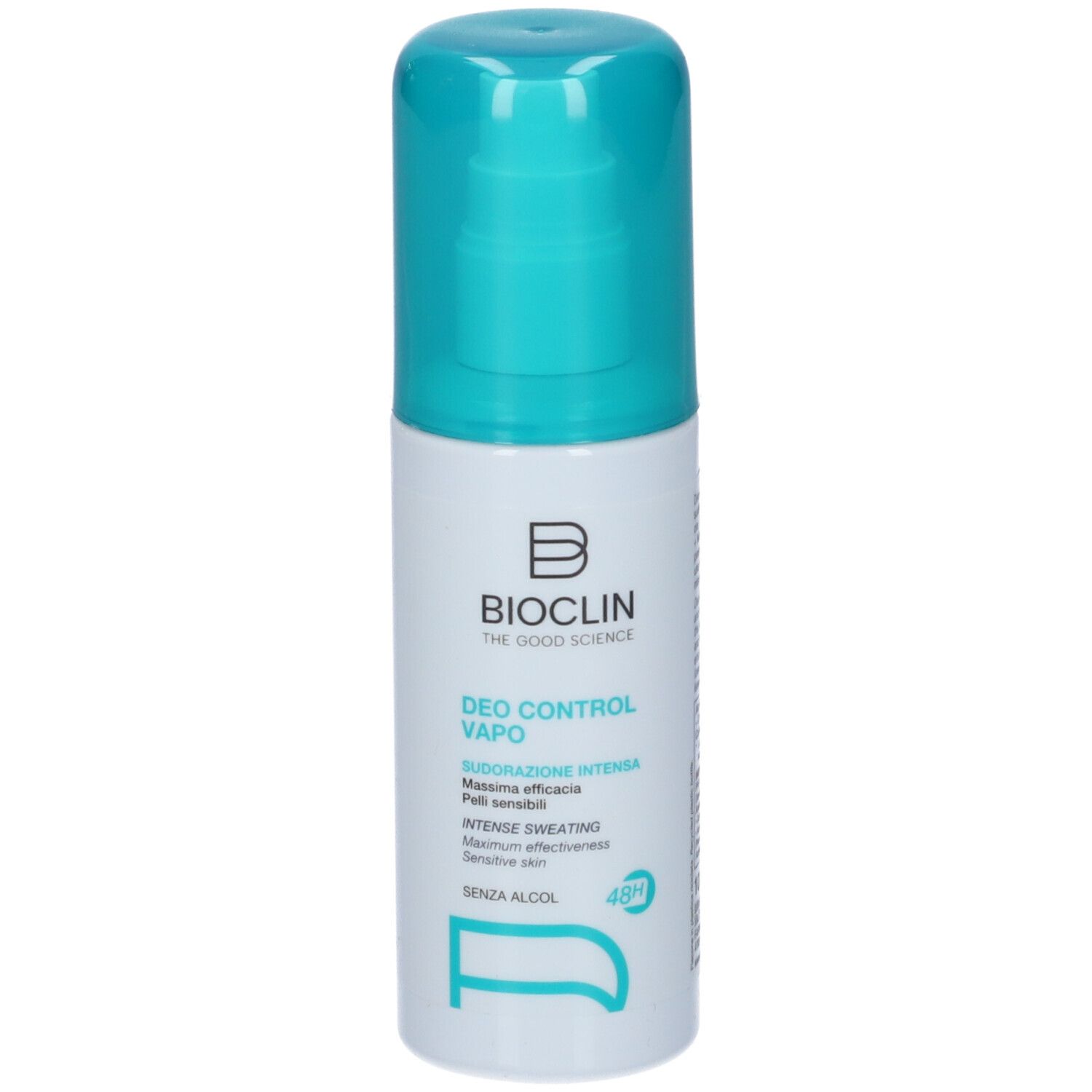 Bioclin Deo Control Vapo. Flacone bianco, erogatore blu. Scritte: Deo Control Vapo, Sudorazione Intensa, 48h, 100 ml.