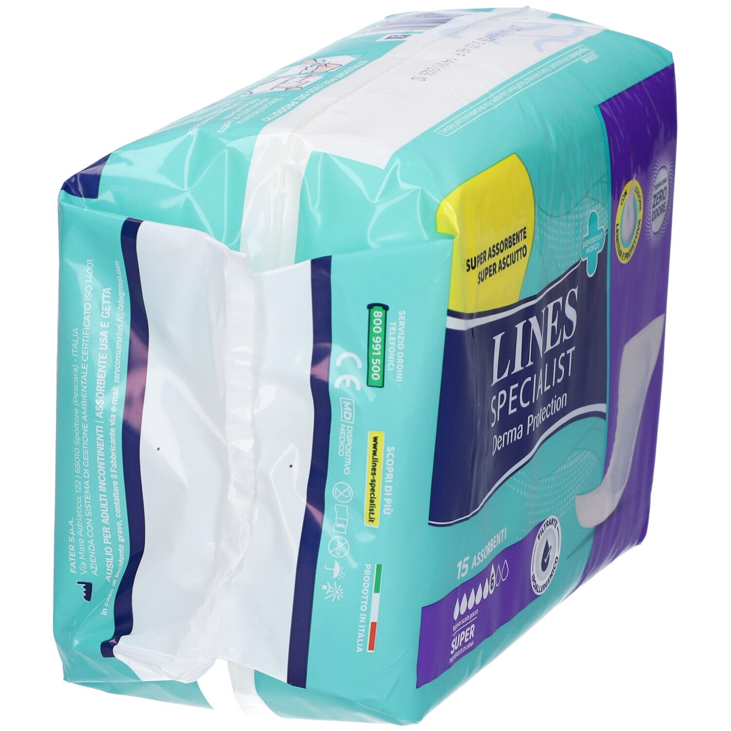 Retro confezione: Lines Specialist Derma Protection, 15 assorbenti, Made in Italy.