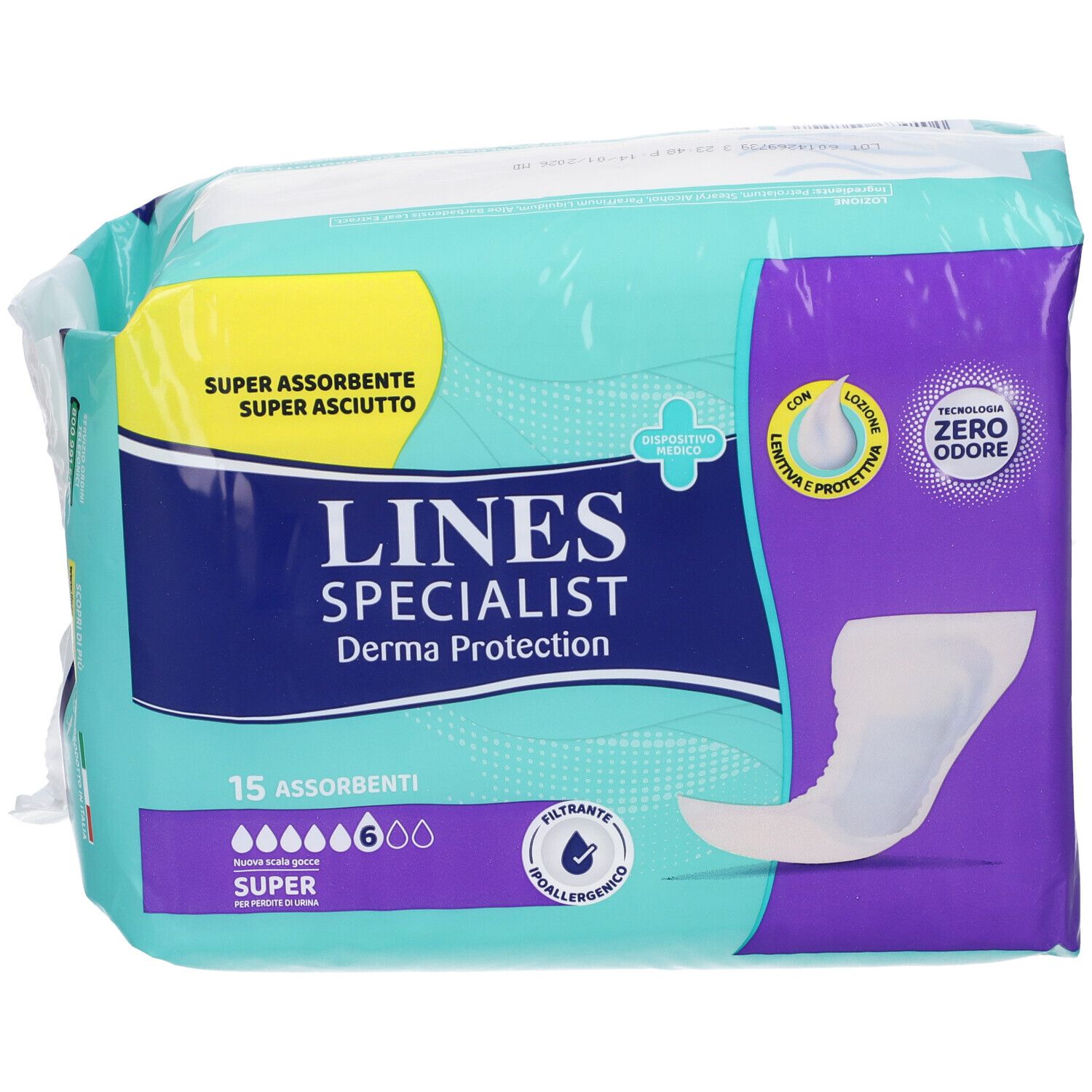 Pannolone Lines Specialist Derma Protection, 15 assorbenti, Super, Zero Odore.