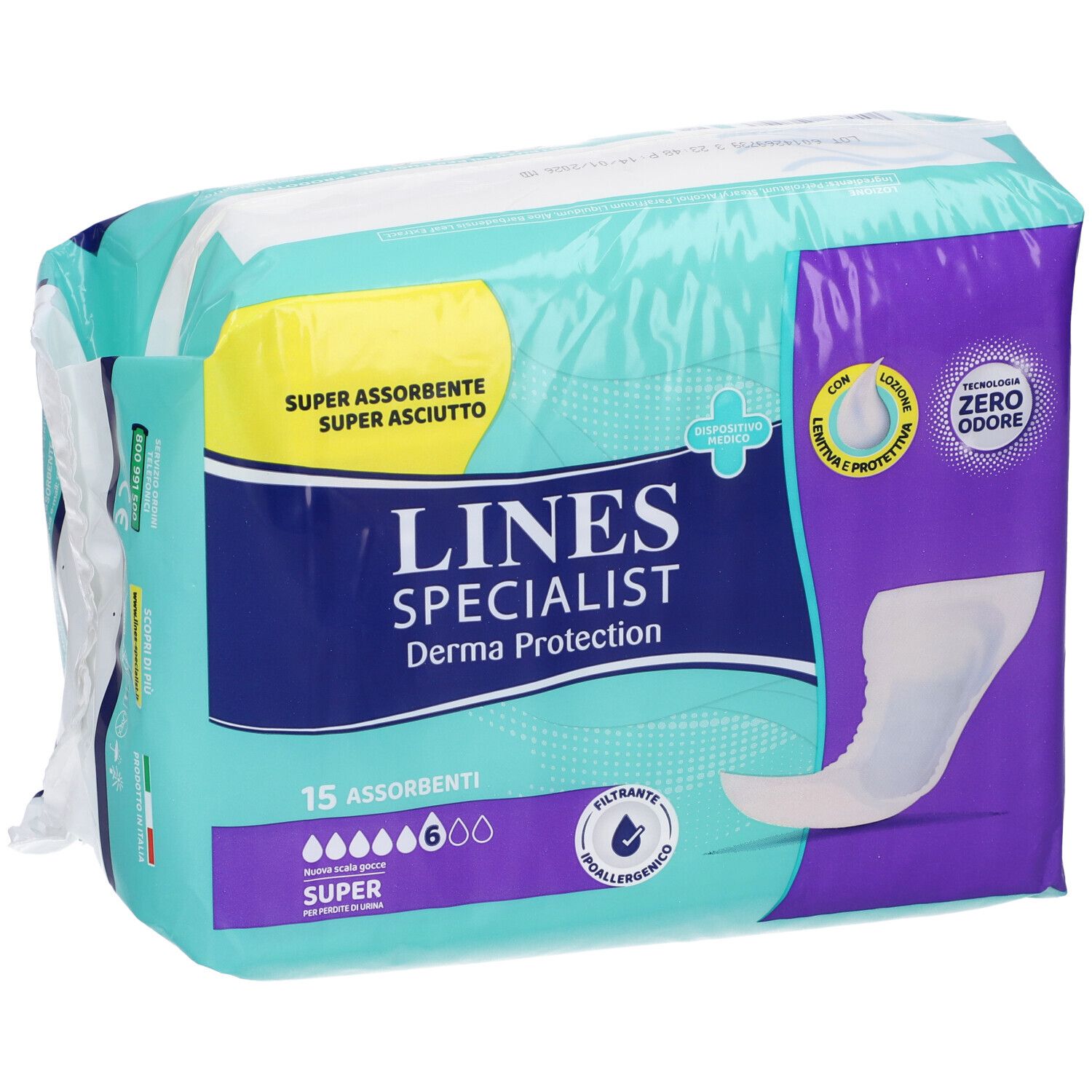 Pannolone Lines Specialist Derma Protection, 15 assorbenti, Super, Zero Odore.