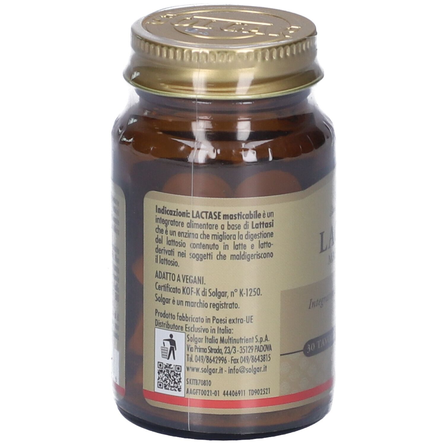 Retro del flacone. Testo: Indicationi LACTASE masticabile, ADATTO A VEGANI. Codice QR e informazioni produttore.