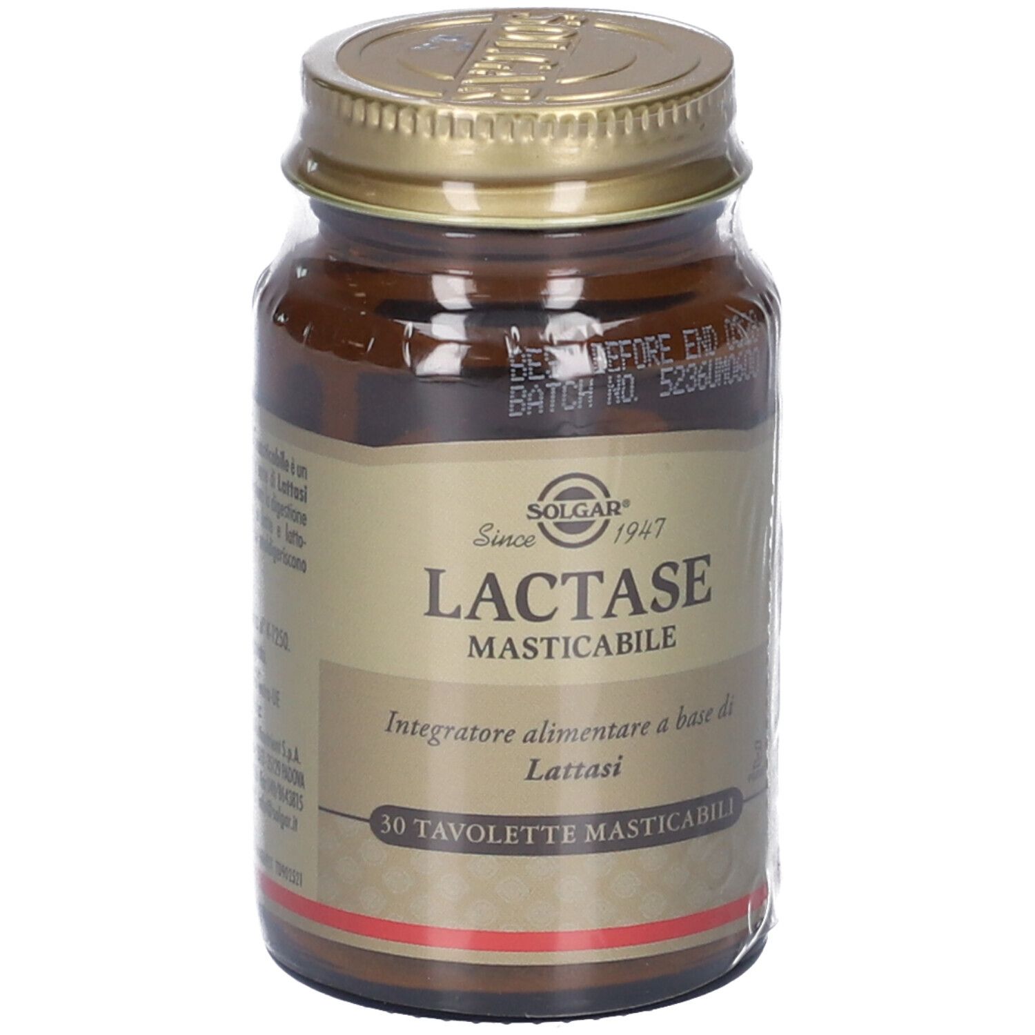 Flacone di vetro marrone con tappo dorato. Scritta: LACTASE MASTICABILE, 30 compresse. Marchio: Solgar.